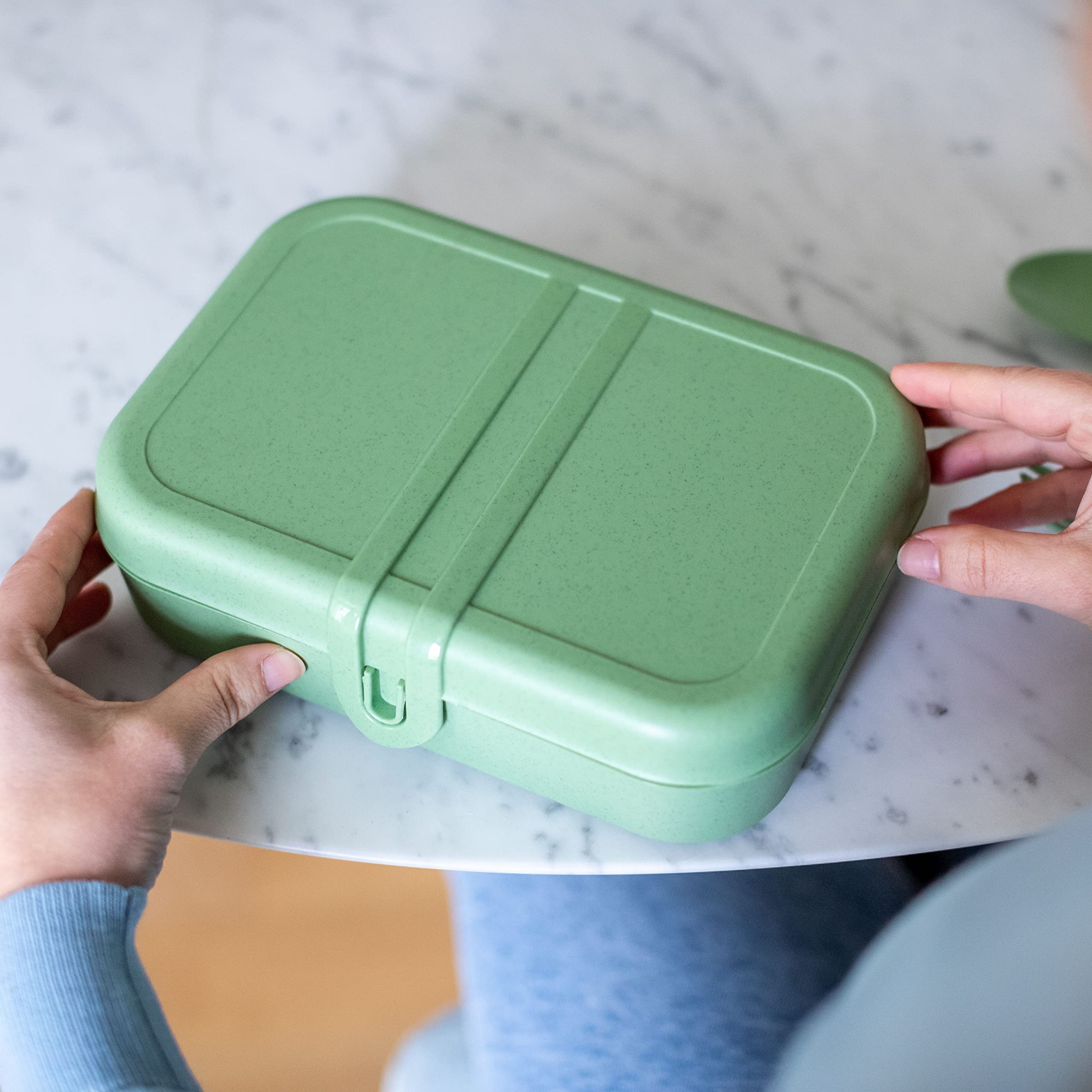 Koziol PASCAL READY Lunchbox-Set mit Besteck | 4 Teile | 3 Boxen + 3-teiliges Besteckset KLIKK | biozirkulärer Kunststoff, bruchfest, spülmaschinengeeignet | Büro, Schule, Reise (nature leaf green)