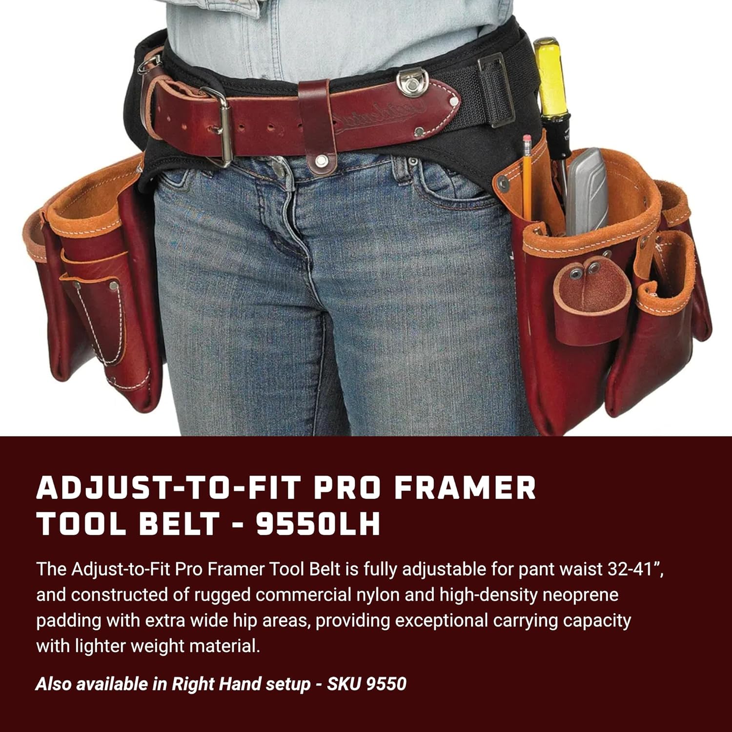 Occidental Leather Adjust-to-Fit Pro Framer Tool Belt - Left Hand - 21 Pockets & Tool Holders - Made in USA