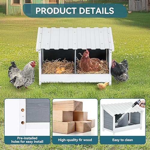 Miniatura 4 de PETSFIT Caja de anidación de pollo de 2 agujeros, techo de PVC para todo tipo de clima, diseño de madera natural con panel trasero de privacidad