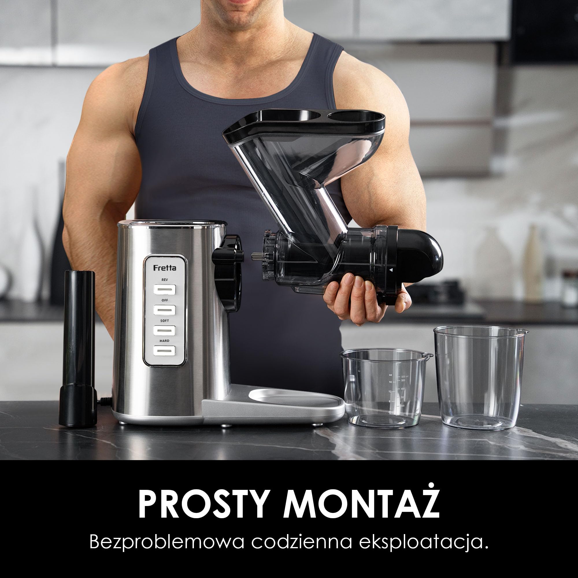 Fretta Wyciskarka Wolnoobrotowa Cold Press - Stal Nierdzewna, Bez BPA, Szeroki Otwór 76mm (brak krojenia), Łatwe Czyszczenie, Moc 200W, Wysoki Wydajność Soku - Do Owoców, Warzyw, Trawy Pszenicznej
