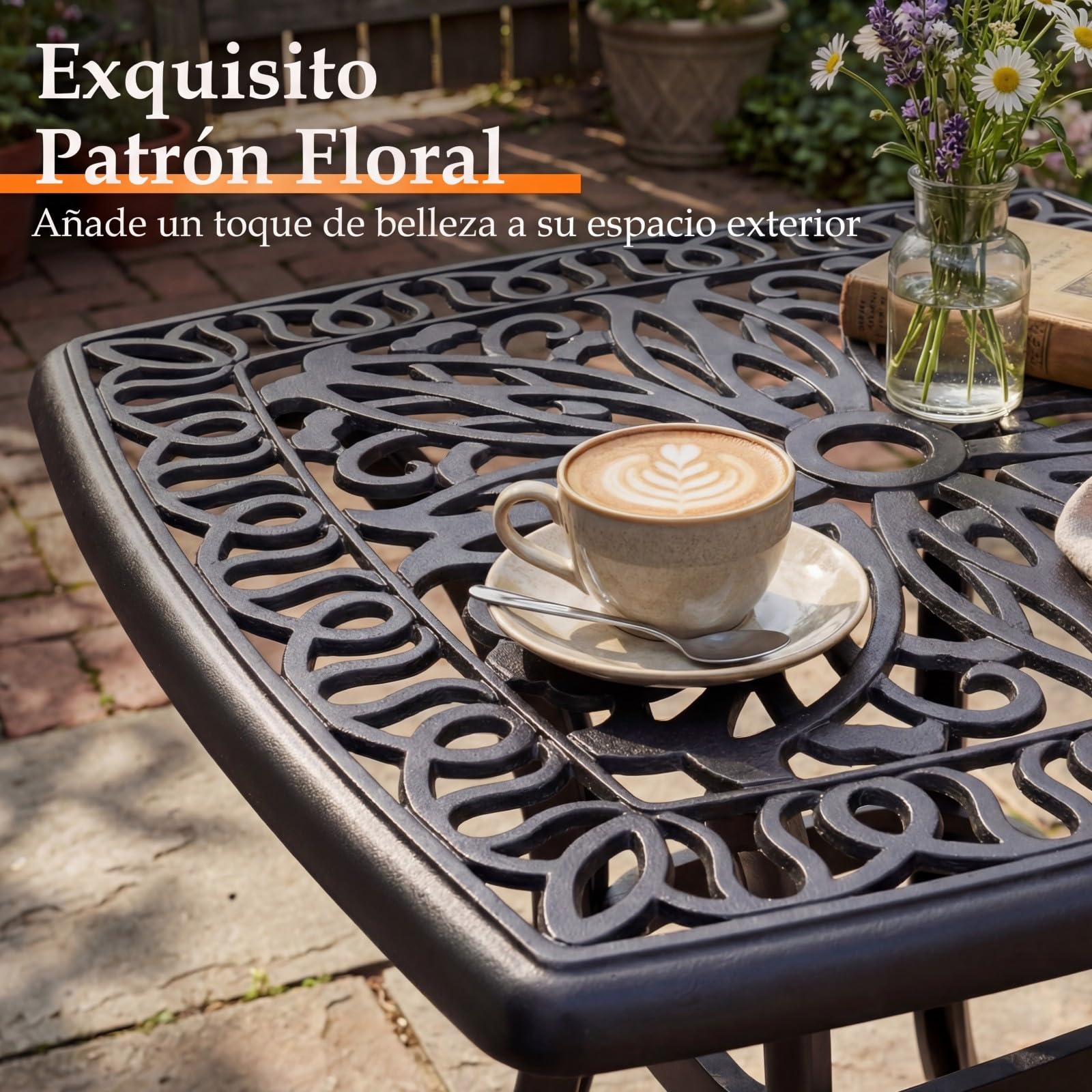 GOPLUS Mesa Auxiliar de Exterior de Aluminio Fundido con Patrón Floral