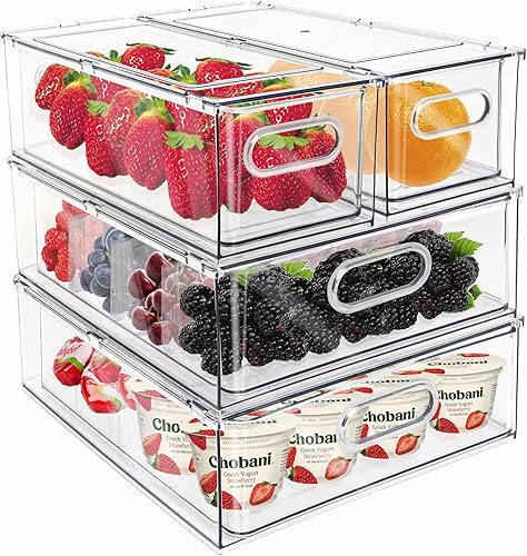 MANO Cajón de refrigerador extraíble apilable con asa, cajones transparentes para refrigerador, caja de almacenamiento de alimentos con divisores,
