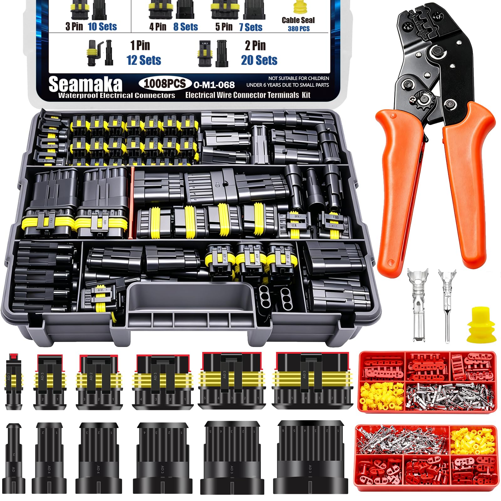 Set di 63 connettori elettrici impermeabili per auto, 1/2/3/4/5/6 pin, 1008 pezzi, kit di connettori per cavi elettrici impermeabili maschio e femmina con strumento di crimpatura a cricchetto