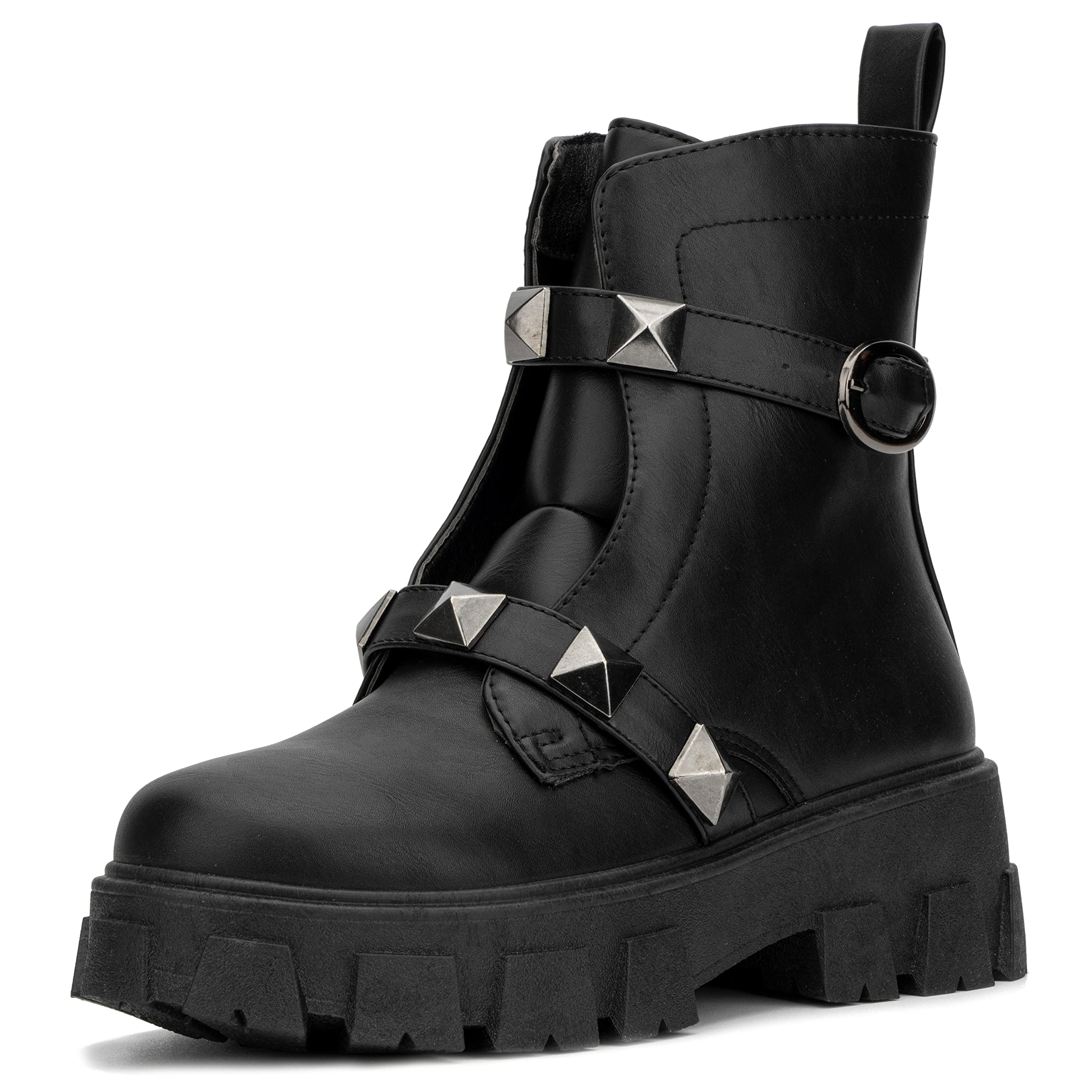 Olivia MillerWomen's Fashion Shoes, Willa Vegan PU Leather w Studded Straps, Lug Sole w Size Zipper, Chunky Platform Heel Round Toe Casual Classic Bootie Ankle Combat Boots