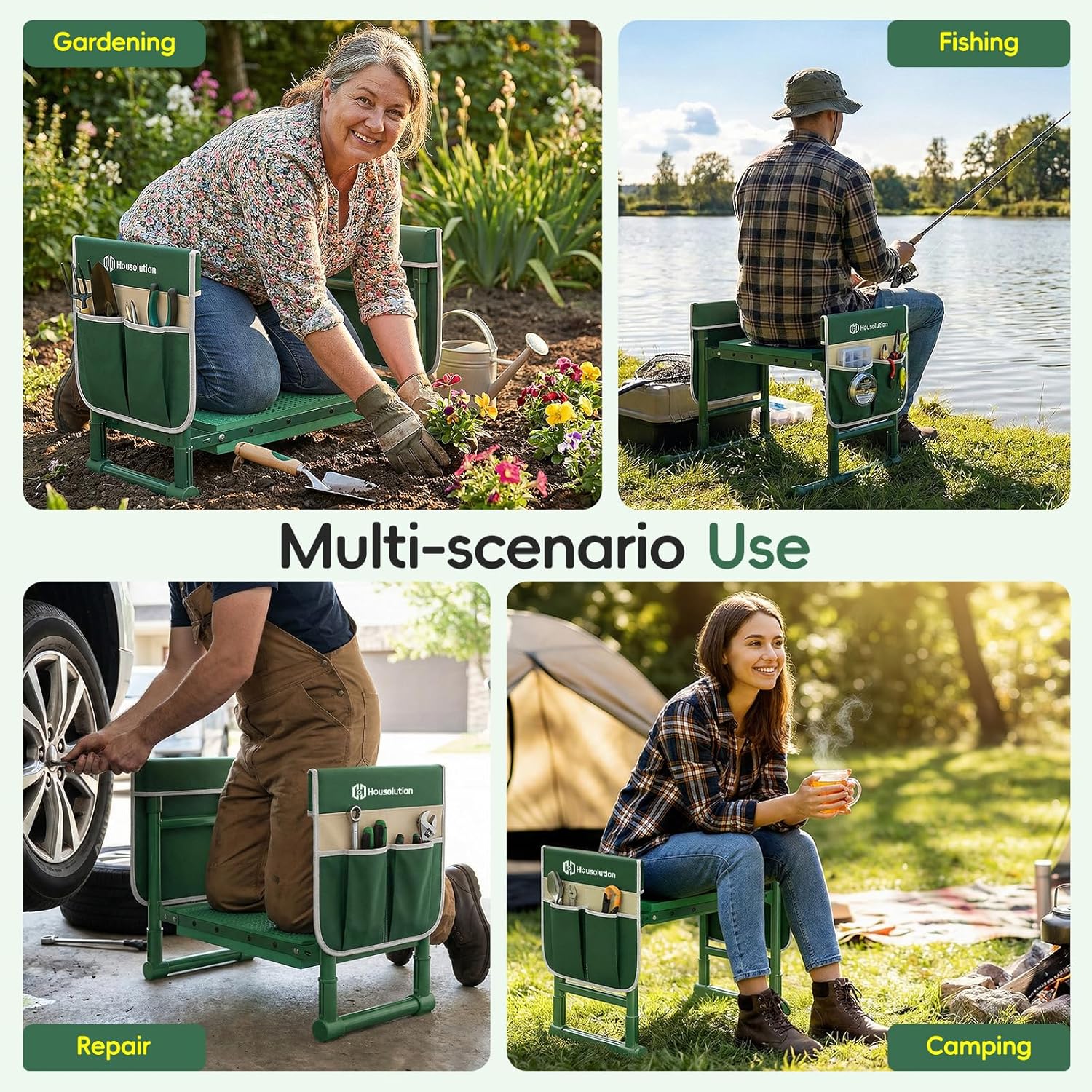 Housolution Garden Kneeler and Seat with Anti-Tipping Extendable Legs, Foldable and Portable Garden Stool with 2 Tool Bags, Thick Soft Kneeling Pad, Gardening Gifts for Women Men Seniors, Deep Green