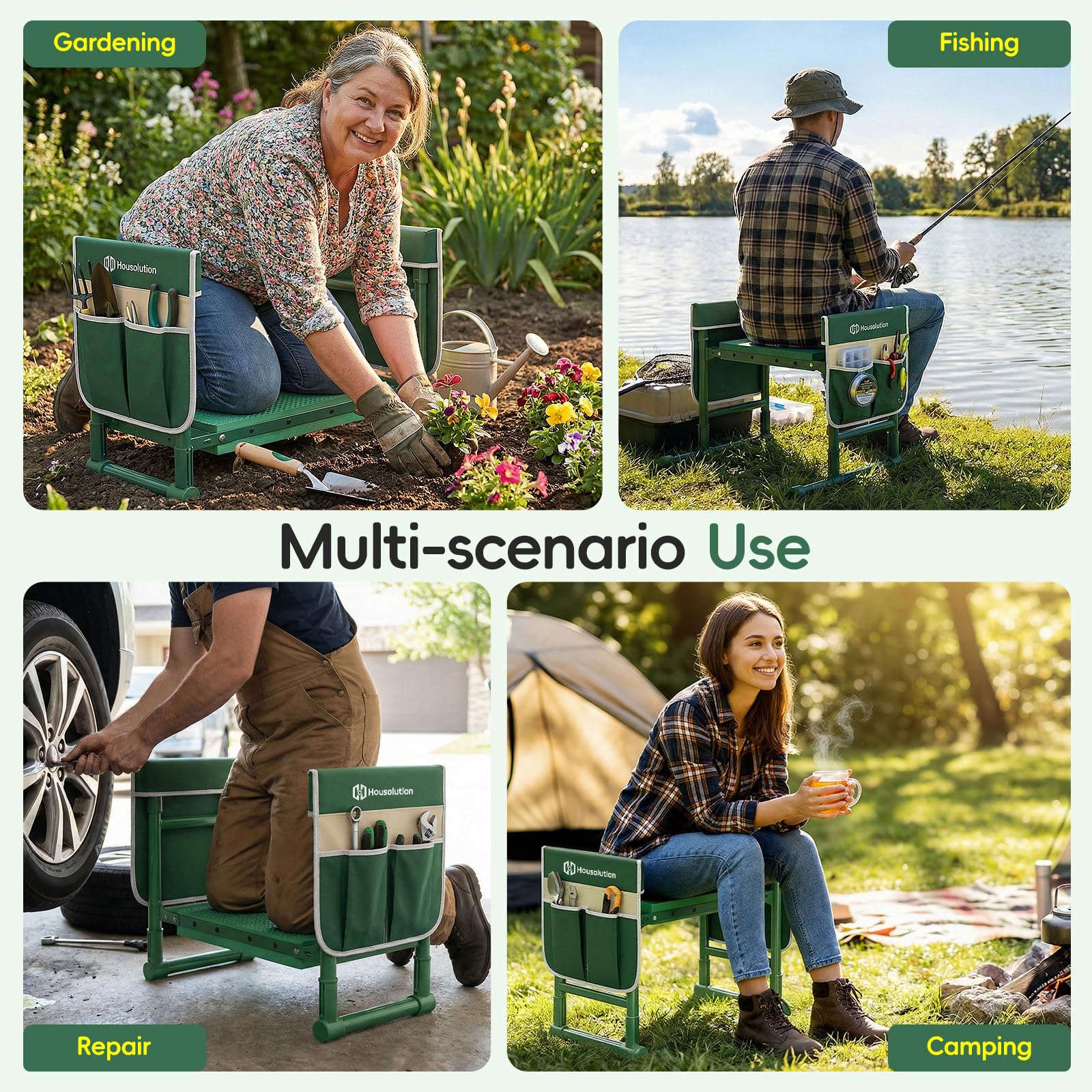 Housolution Rodillera y Asiento de Jardín Patas Extensibles Anti-Caída, Taburete Plegable con 2 Bolsas Herramientas, Almohadilla Gruesa Suave – Regalo Jardinería para Mujeres Hombres Adultos Mayores