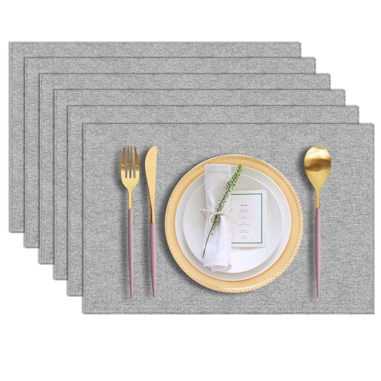 Cloth Placemats Set of 6, Cotton Linen Blend Machine Washable Durable Linen Table Mats, Heat Resistant Placemats Wrinkle Free Place Mats for Dining Table, Easy to Clean (Light Grey, 6)