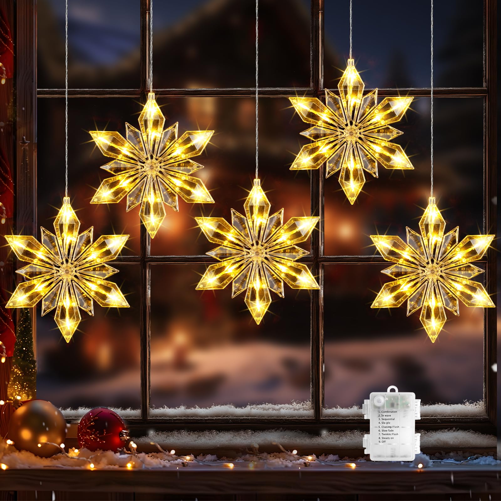 GlobaLink 5 Stück LED Schneeflocke Beleuchtung, Weihnachtsdeko Fenster mit 8 Modi Batteriebetrieben für den Innen- und Außenbereich Weihnachten, Party, Deko, Hochzeit, Garten, Balkon