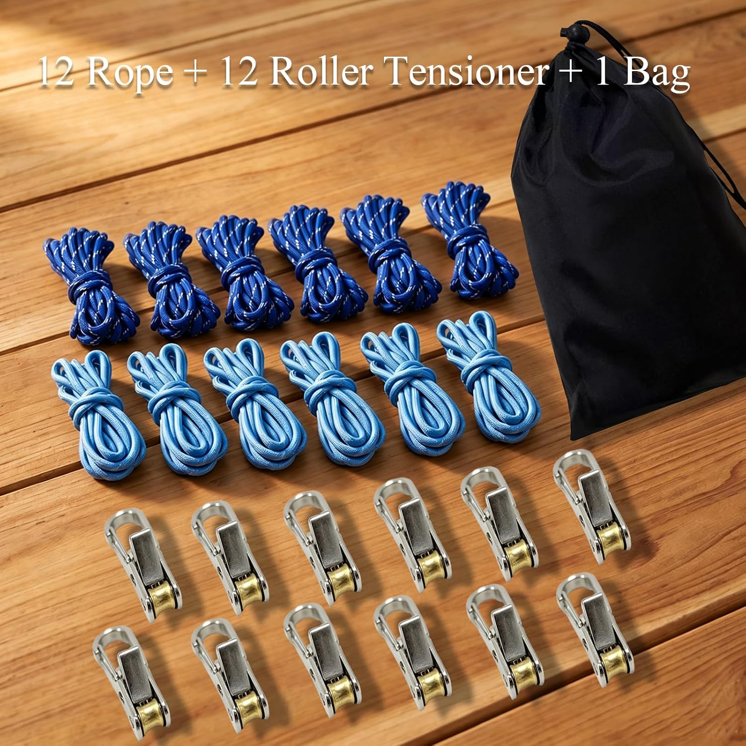 6 + 6 Pack Rope Roller Paracord Tie Down Kit, Heavy Duty Rope Tensioner with Pulley Carabiner Clip, Reflective Tent Guyline Tightener Set for Camping, Tarp, Canopy, Outdoor Tie Downs Blue