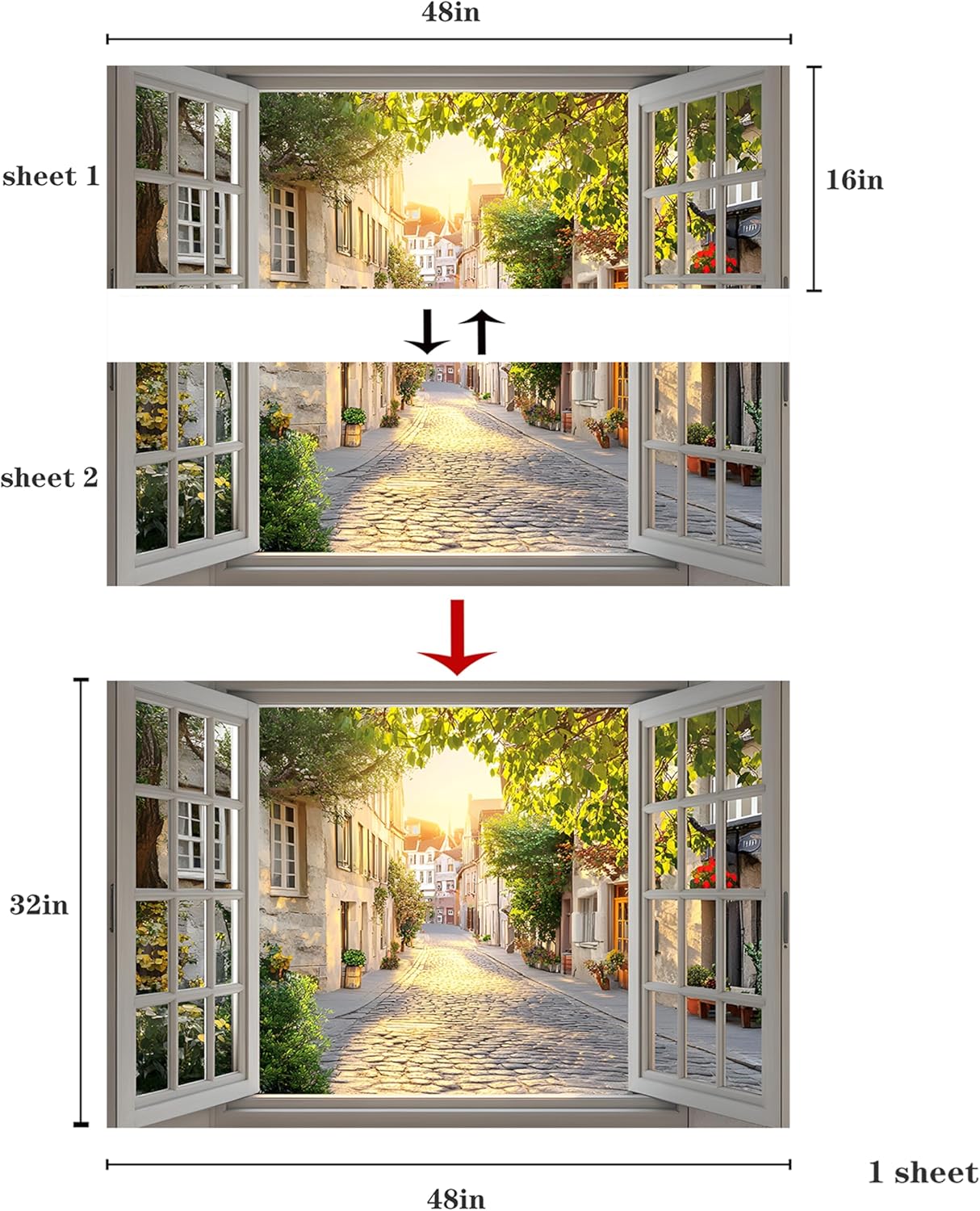 WOOHOOROO European Street View Fake Window Sticker–3D Wall Decal for Living Room,Bedroom and Home Decor,32" x 48"