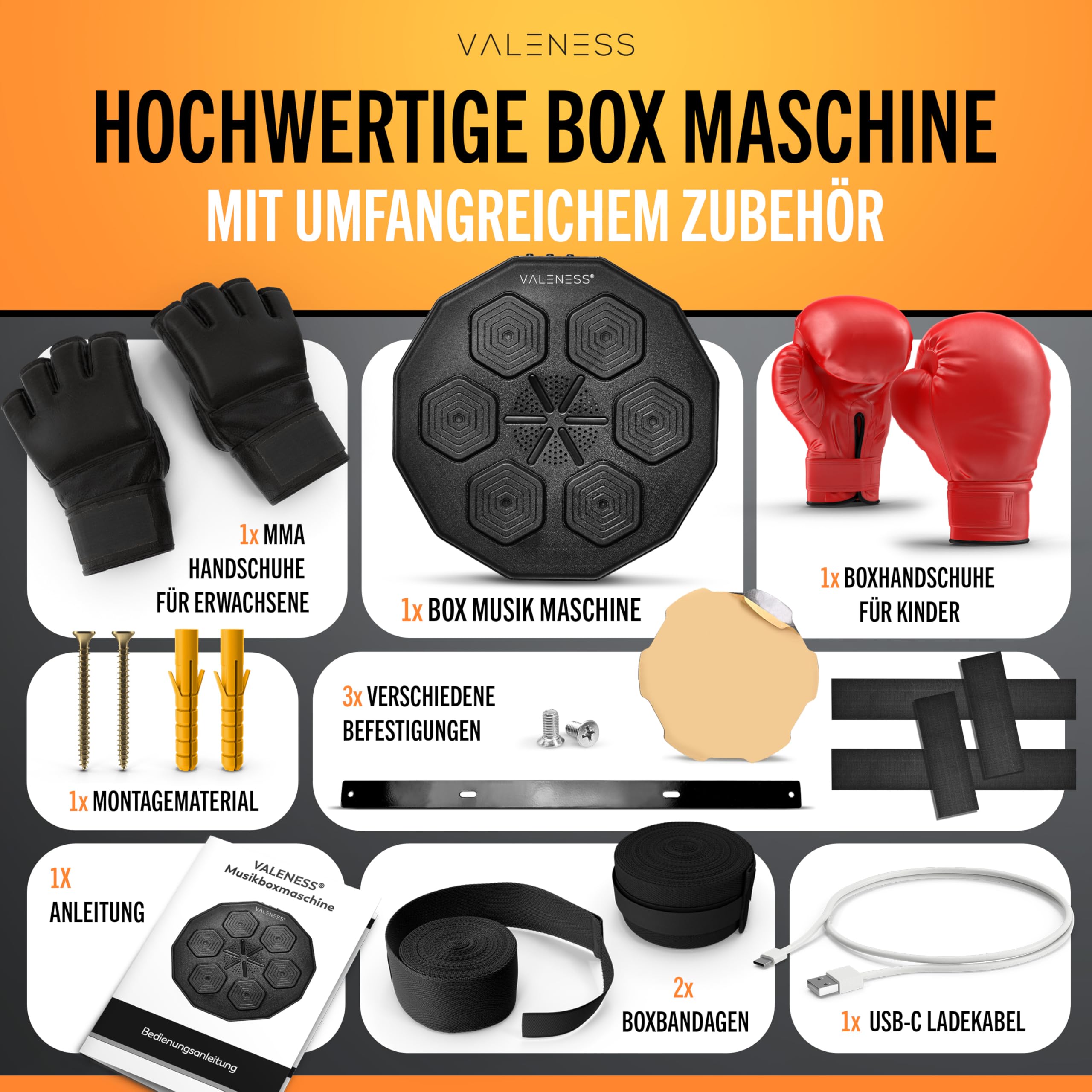 VALENESS® Musik Box Maschine – Smarte Boxing Machine mit Musik & LED – Boxmaschine mit Bluetooth, Zählfunktion & Boxhandschuhen – Wandgerät für Erwachsene & Kinder – Musik Power Boxing