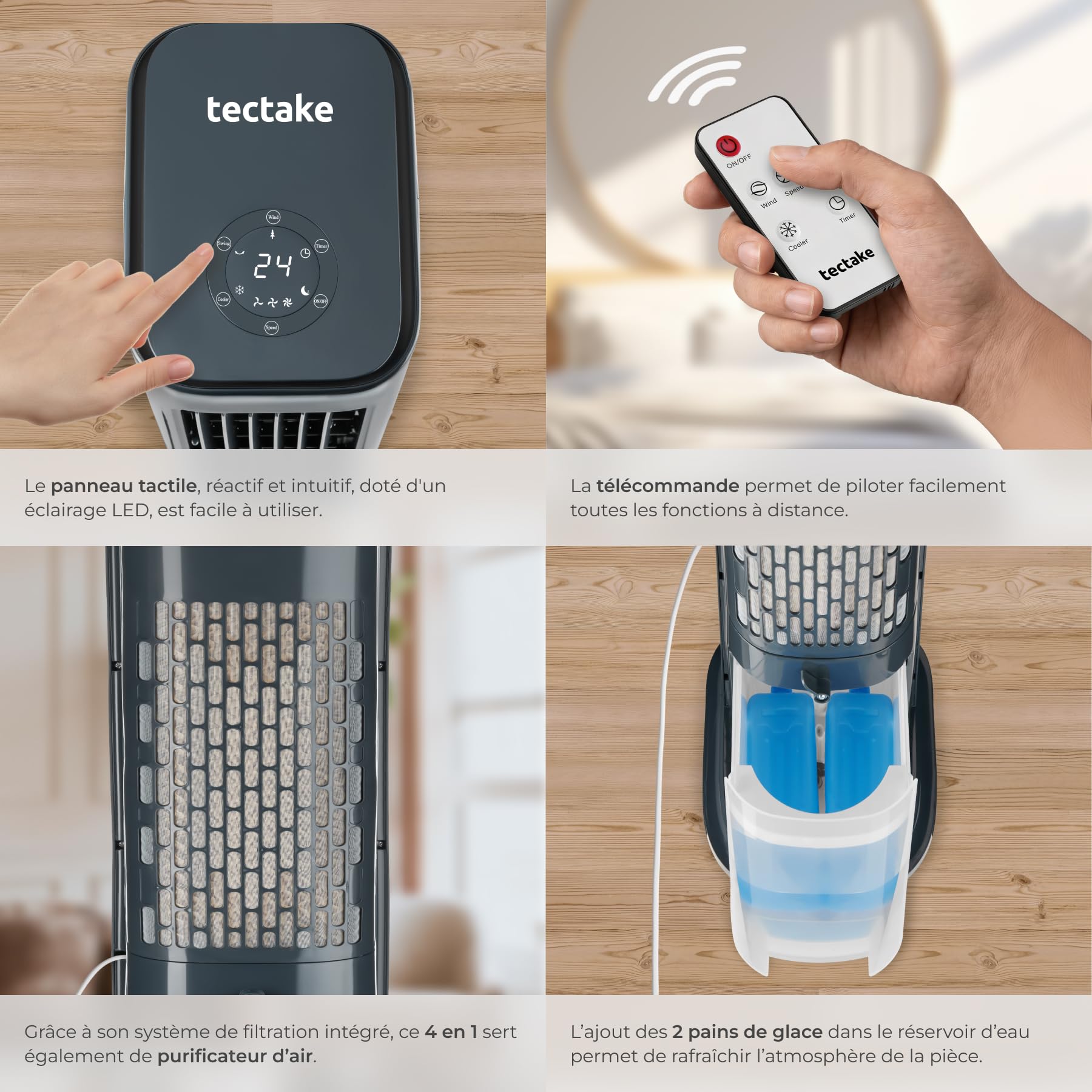 tectake® Rafraichisseur d'air 4-en-1, Refroidisseur Portable, Ventilateur, Humidificateur, Purificateur d'air HEPA, Réservoir 5 L, 3 Modes, 3 vitesses, Oscillation, Minuterie 12H, Silencieux, Gris