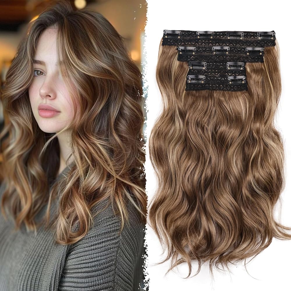 Clip in Hair Extensions - 14 Inch Wavy Synthetic Hair Extensions Clip ins (Color: Ash Brown with Beige Blonde Highlights)