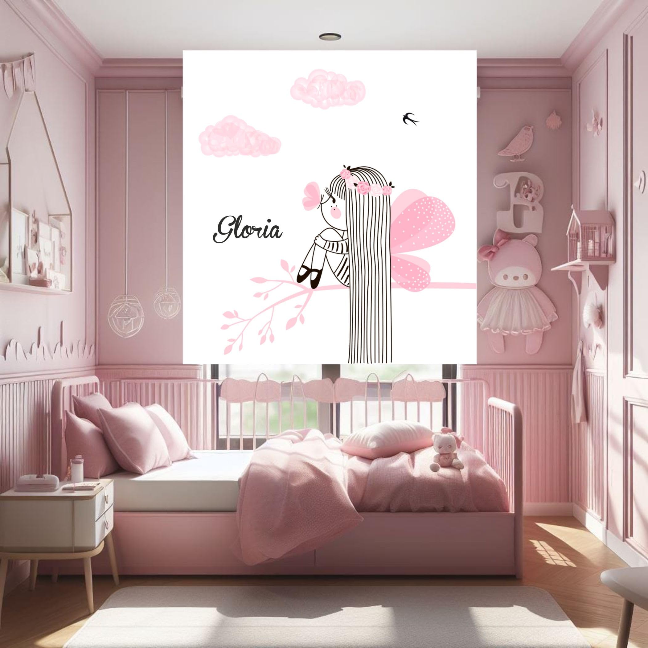 Estor enrollable infantil niña personalizado con nombre | Hada en nubes rosa para niña | Cortina enrollable translúcida premium | Habitación bebé o juvenil chicas (40x60)