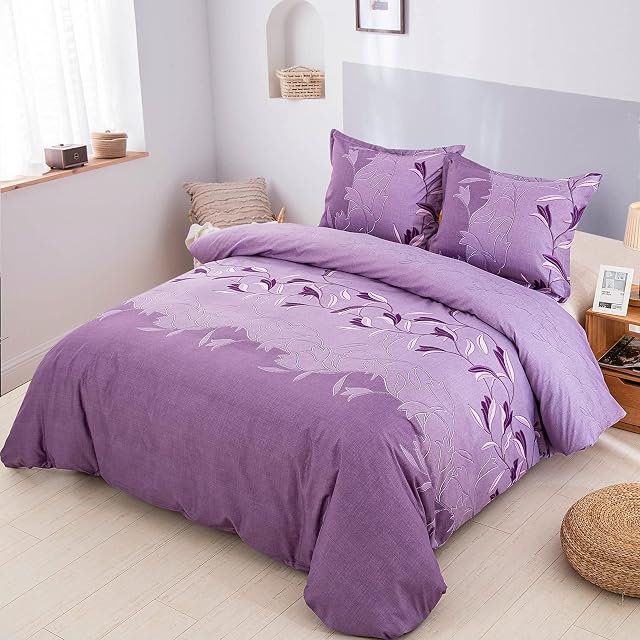 Floral Duvet Cover Double Size Purple Floral Reversible Quilt Cover Soft Microfiber Bedding Set with Zipper Closure (3pcs,200x200cm)