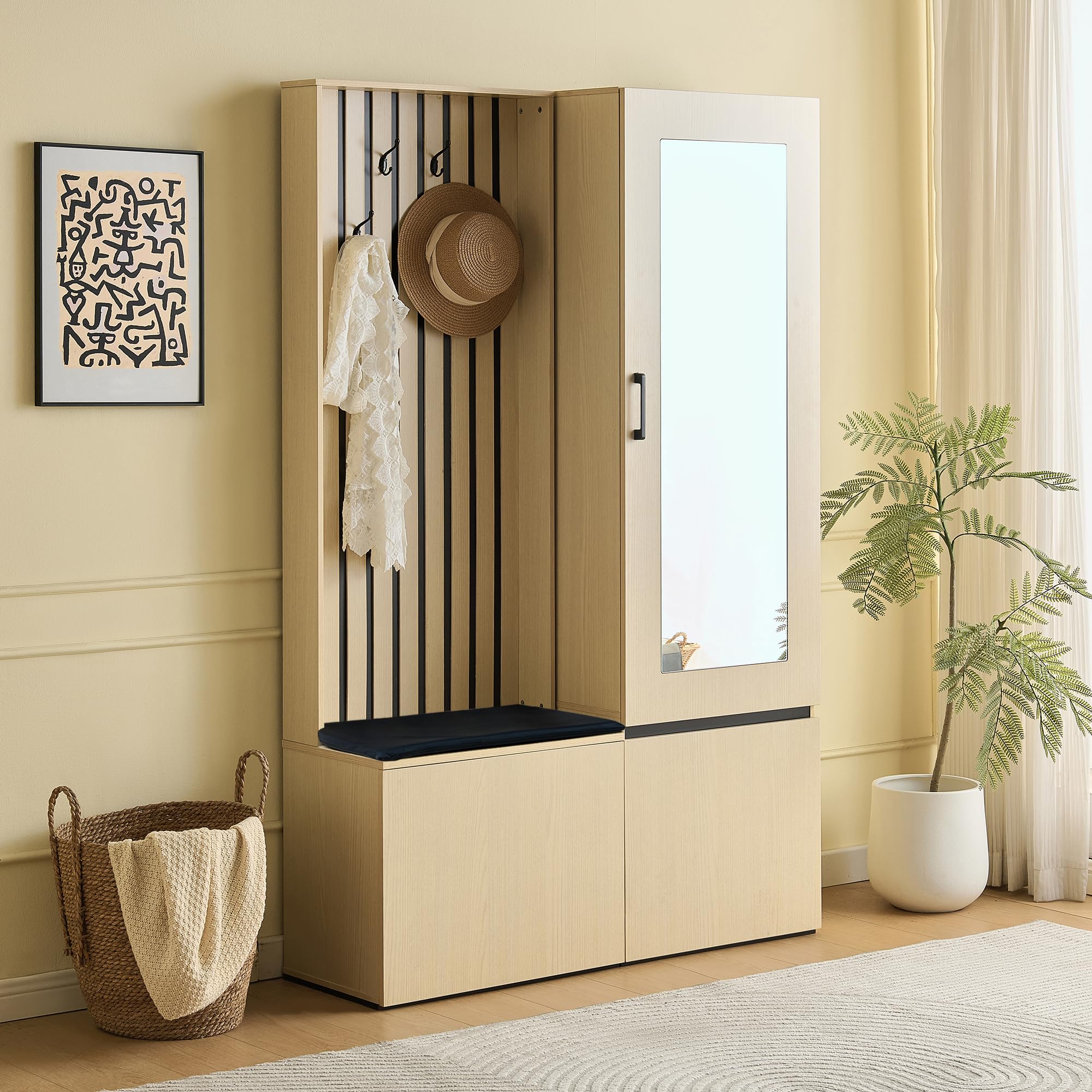 Merax Garderobenschrank mit Spiegel und Sitzbank – Modernes Flurmöbel-Set mit Schuhablage, ausziehbarer Kleiderstange, 4 Haken, Stauraum für Flur, Schlafzimmer & Eingangsbereich
