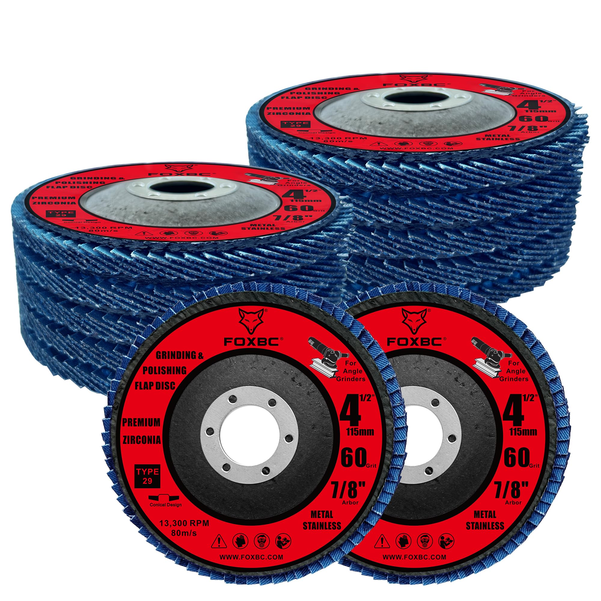FOXBC Lot de 10 disques à lamelles grain 60 pour meuleuse d'angle, type 29, oxyde de zirconium de qualité supérieure, meulage et polissage pour métal, 10 pièces