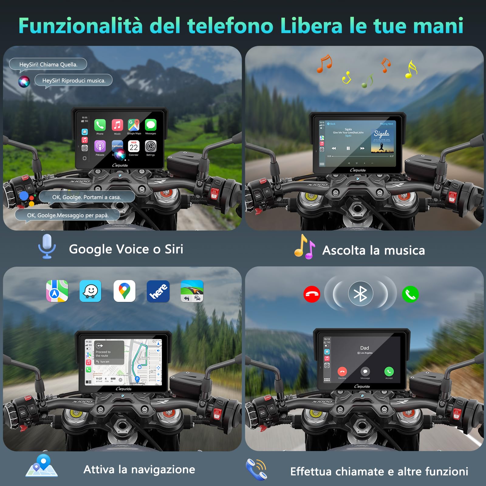 CARPURIDE W502BS Pro per Moto BMW CarPlay e Android Auto, Doppio Bluetooth, Schermo di Navigazione Impermeabile da 5 Pollici, Lettura dati, Native Wonder, TPMS, Sensore di luce, Condivisione di Musica