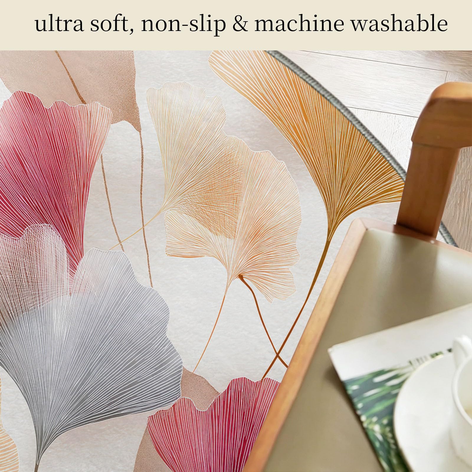 Tappeto rotondo per soggiorno, 60 cm, motivo botanico con foglie di ginkgo disegnate a mano, lavabile, per camera da letto, antiscivolo, non perde pelo, per camera dei bambini, cucina, ufficio, sala