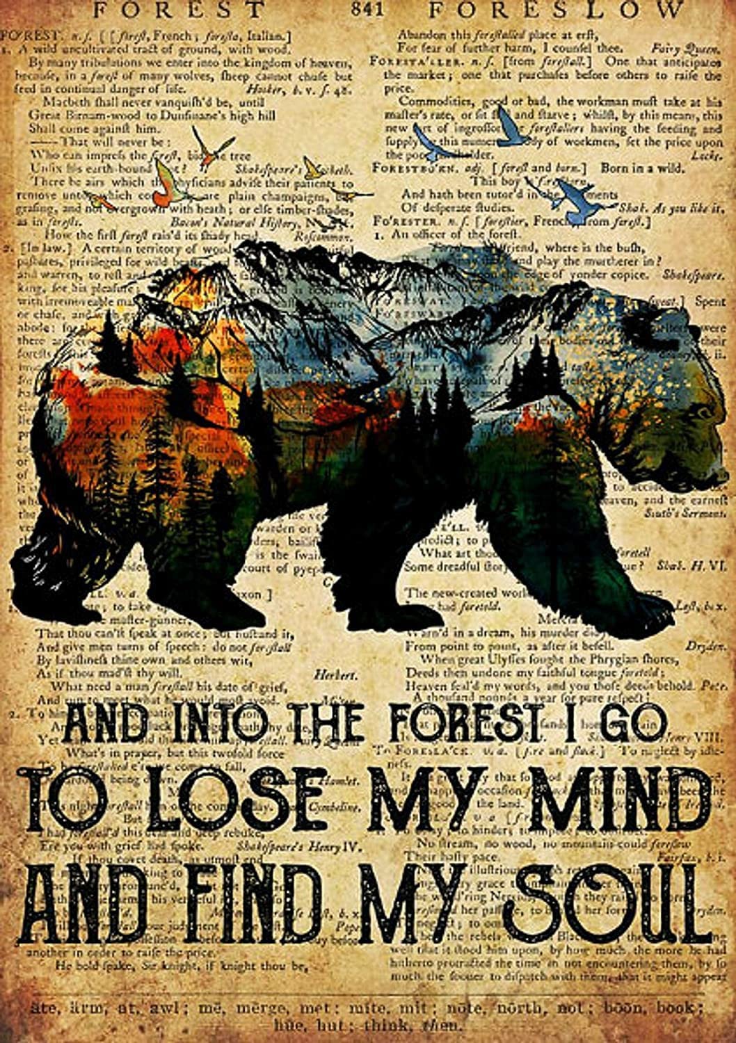 Bear and Into The Forest I Go to Lose My Mind and Find My Soul Tin Sign, Wall Decor, Metal Sign, Home Bar, Garage Tin Sign 12x16inch