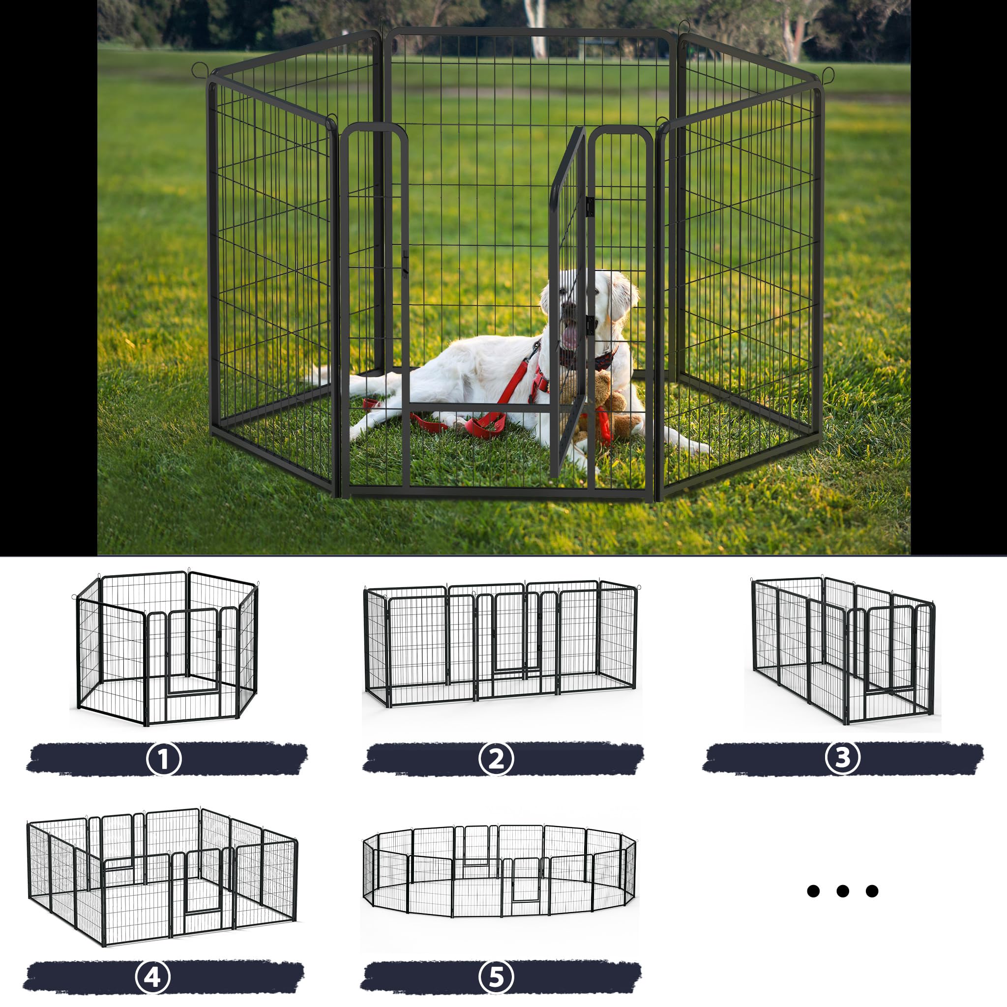 LARS360 Welpenauslauf Hundelaufstall 65x80cm Tierlaufstall 12 Gitterplatten mit Tür, Flexibel und Faltbar für Innen und Outdoor (Mattschwarz)