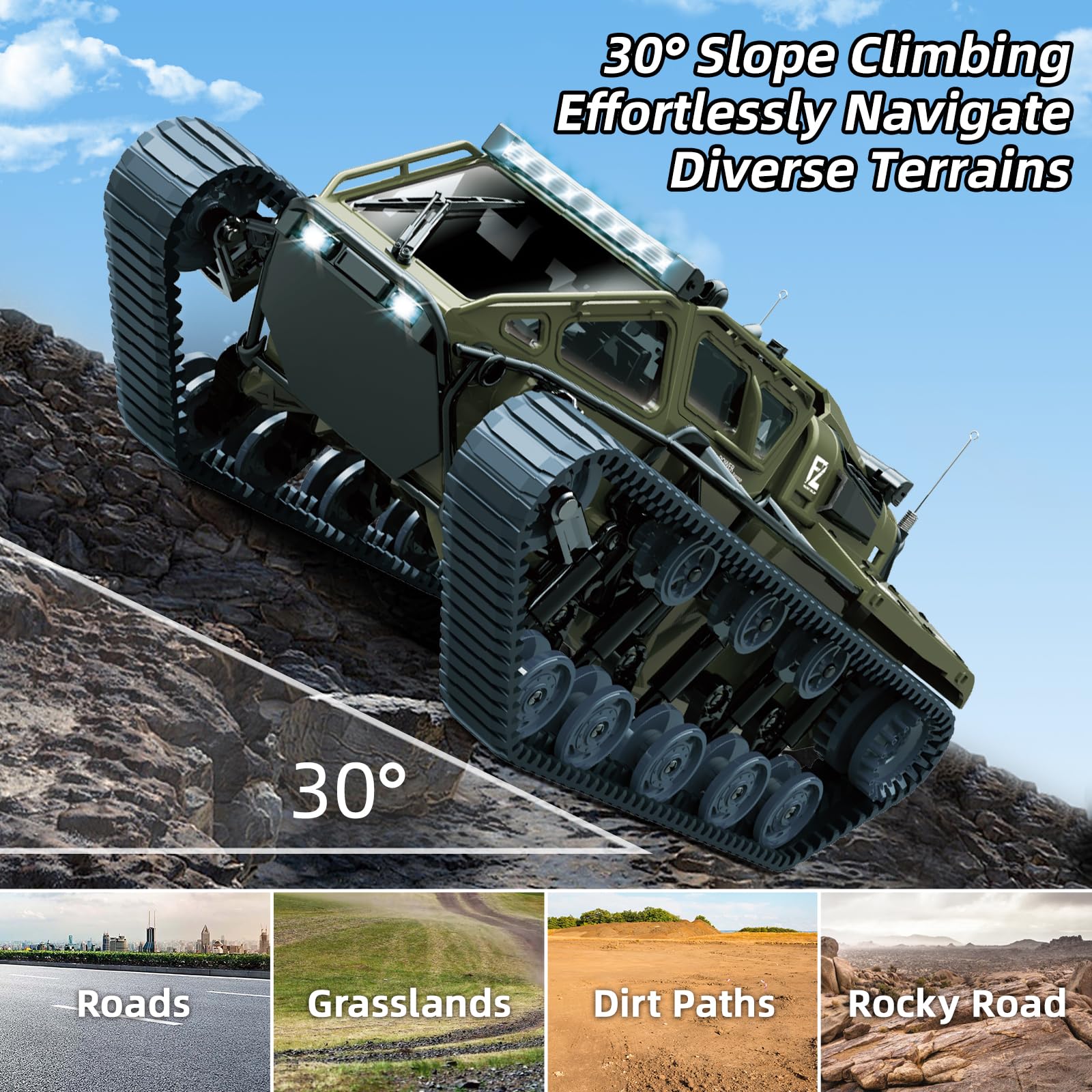 Mostop Remote Control Tank 1/16 Scale Alta Velocidad RC Tank Offroad Crawler para Niños, 2.4Ghz Remote Control Crawler Drift Army Truck con 2 Baterías, Camión de Derrape Giratorio 360° Juguetes de