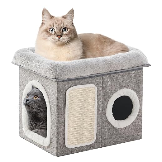 WINDRACING Cat Beds for Indoor Cats - Cat House for Pet and Foldable Cat Cave Bed with Scratch Pad, Cat Hideaway Condo for Kitten, 16.9x12.8x14.2 inches, Light Grey