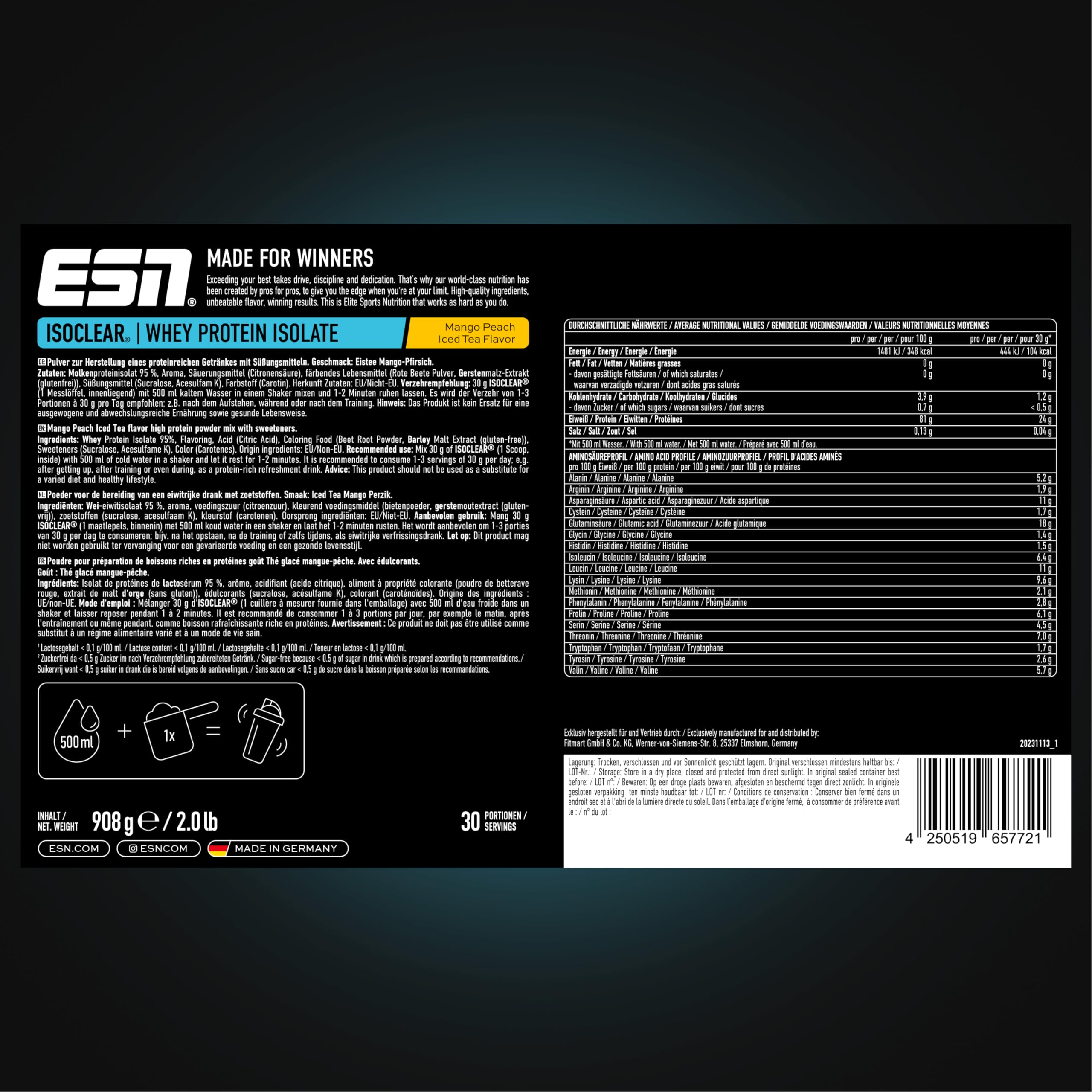 ESN ISOCLEAR Whey Isolate Protein Pulver, Mango Peach Iced Tea, 908 g, Proteinlimo mit fruchtig leckerem Geschmack, clear Whey - made in Germany