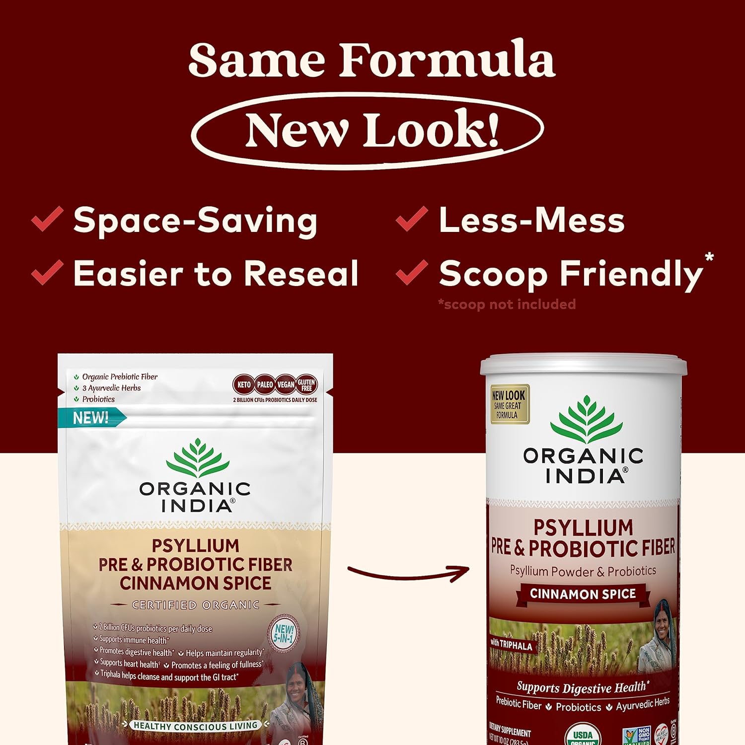 ORGANIC INDIA Psyllium Husk Powder - Pre & Probiotic Fiber Supplement, Organic Psyllium Husk Fiber Supplement with Whole Psyllium Husk, USDA Certified Organic, Vegan, Gluten Free - Cinnamon, 10 Oz - Image 2