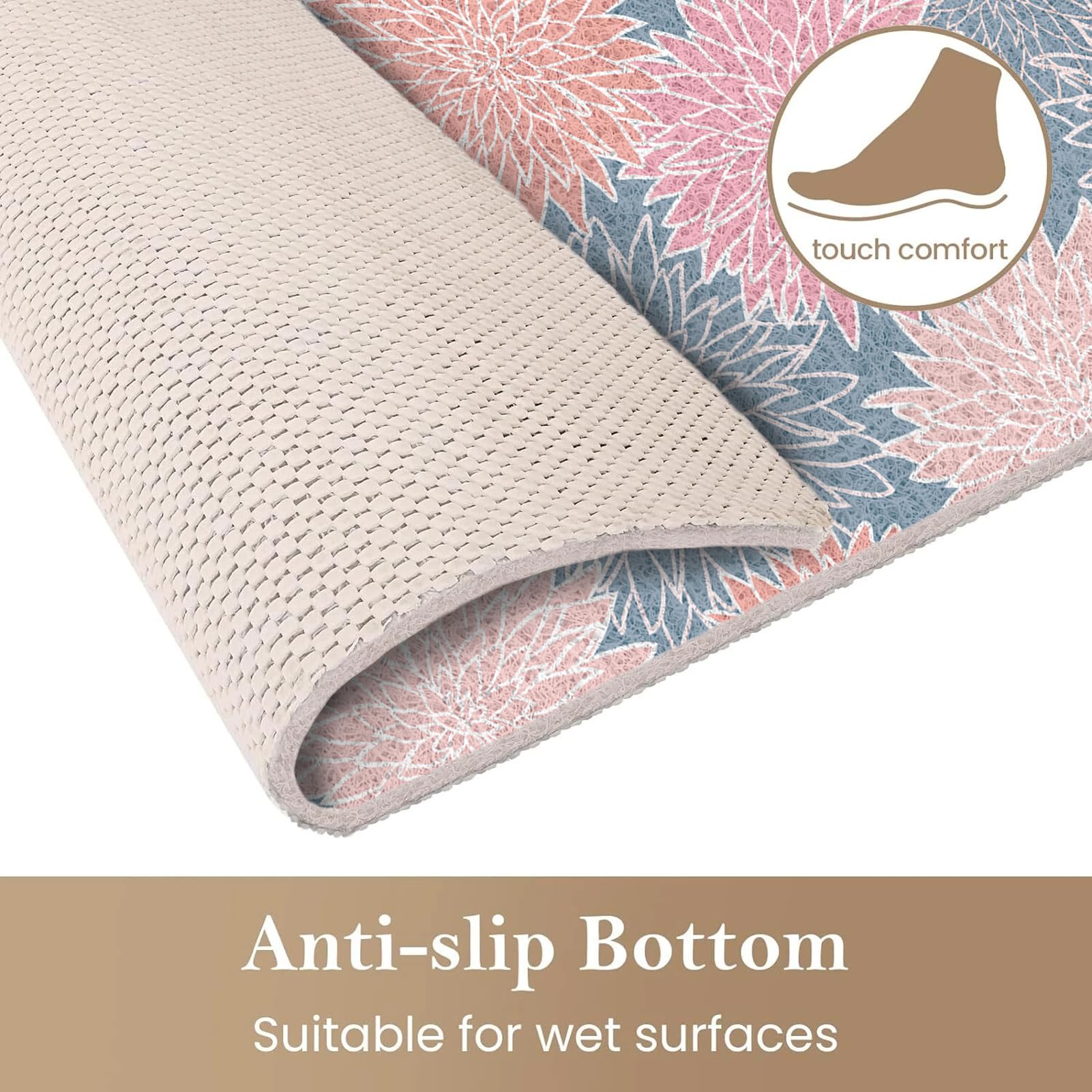 Alfombrilla de ducha antideslizante, 100 x 100 cm, color gris y rosa, de PVC, antideslizante, para interiores, lavable y de secado rápido para superficies húmedas
