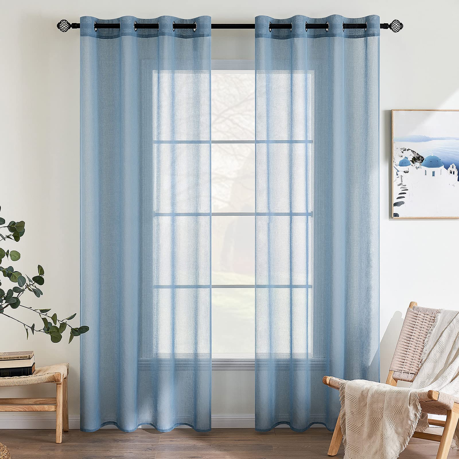 EMEMA 2 Panels Transparent Voile Curtains with Soft Eyelets Windows for Bedroom and Living Room Elegant Living Room 140 x 235 cm Dusty Blue