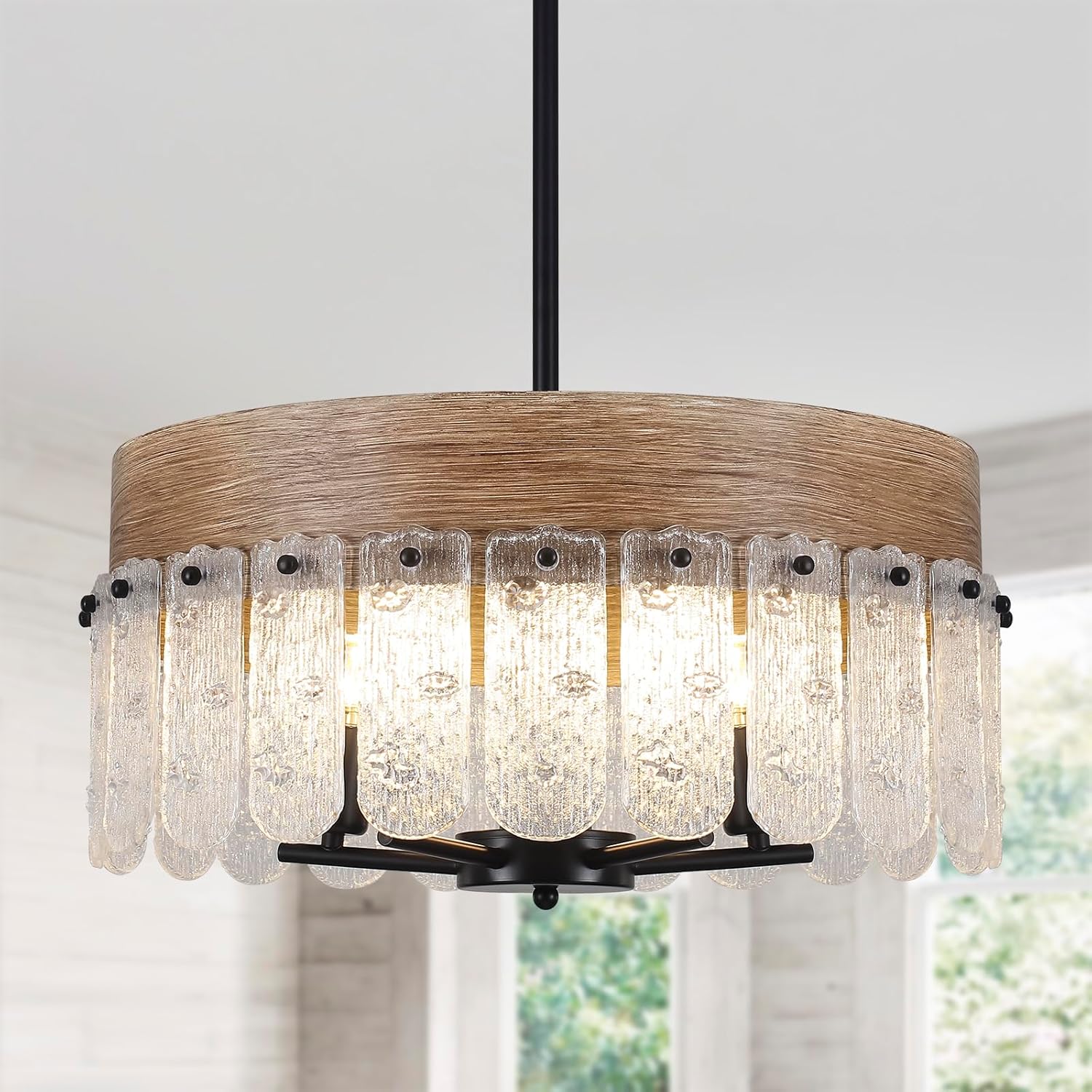 Glass Chandelier, 19.6" Rustic Round Chandelier, Black and Wood Texture Vintage Chandelier with Textured Glass for Dining Room Kitchen Island Bedroom Living Room Hallway 19.6‘’ Black