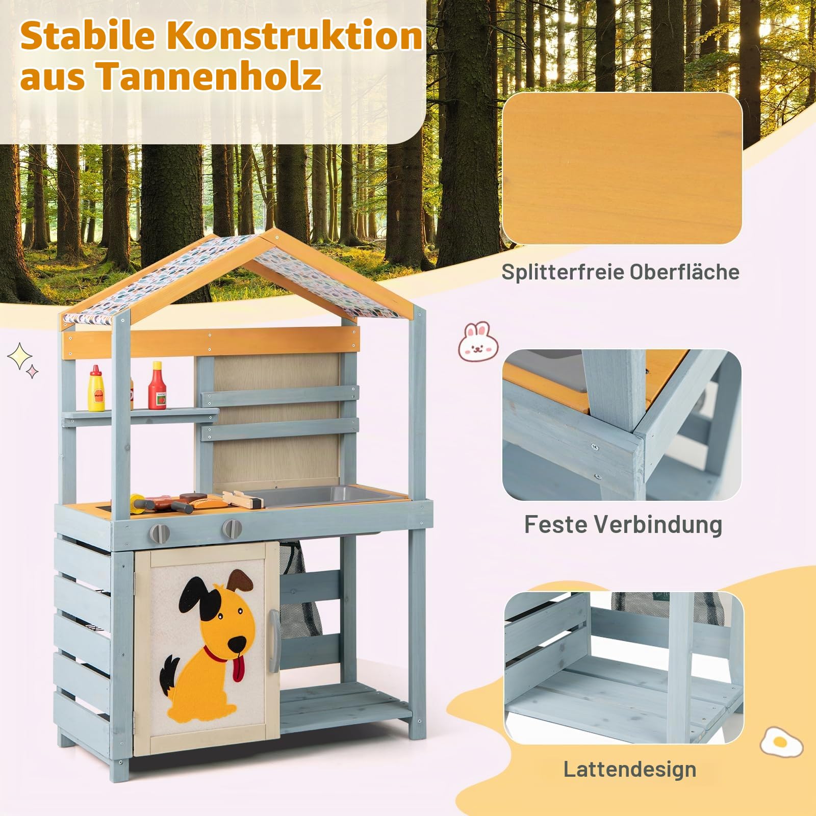 HOMASIS 3 in 1 Matschküche Kinder Outdoor, Kinderküche mit BBQ-Grill Tafel Waschbecken Spüle, doppelseitige Spielküche mit 17 Zubehör, Spielzeugküche aus Tannenholz, Gartenküche für Kinder ab 3 Jahren