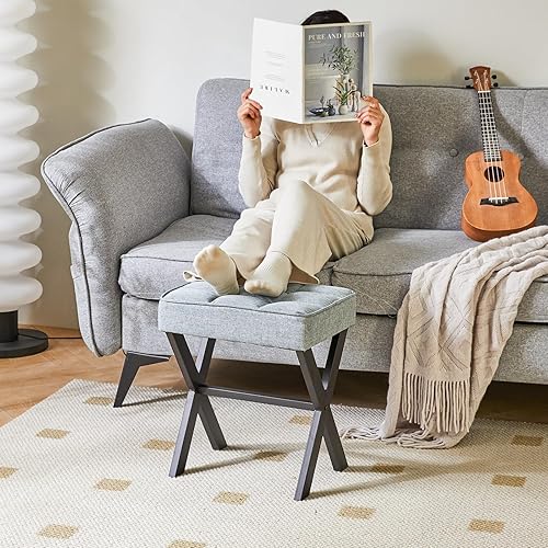 Miniatura 9 de IBUYKE - Taburete cuadrado de maquillaje con reposapiés de patas en X, reposapiés de lino, asiento otomano, multiusos como pequeña mesa auxiliar,