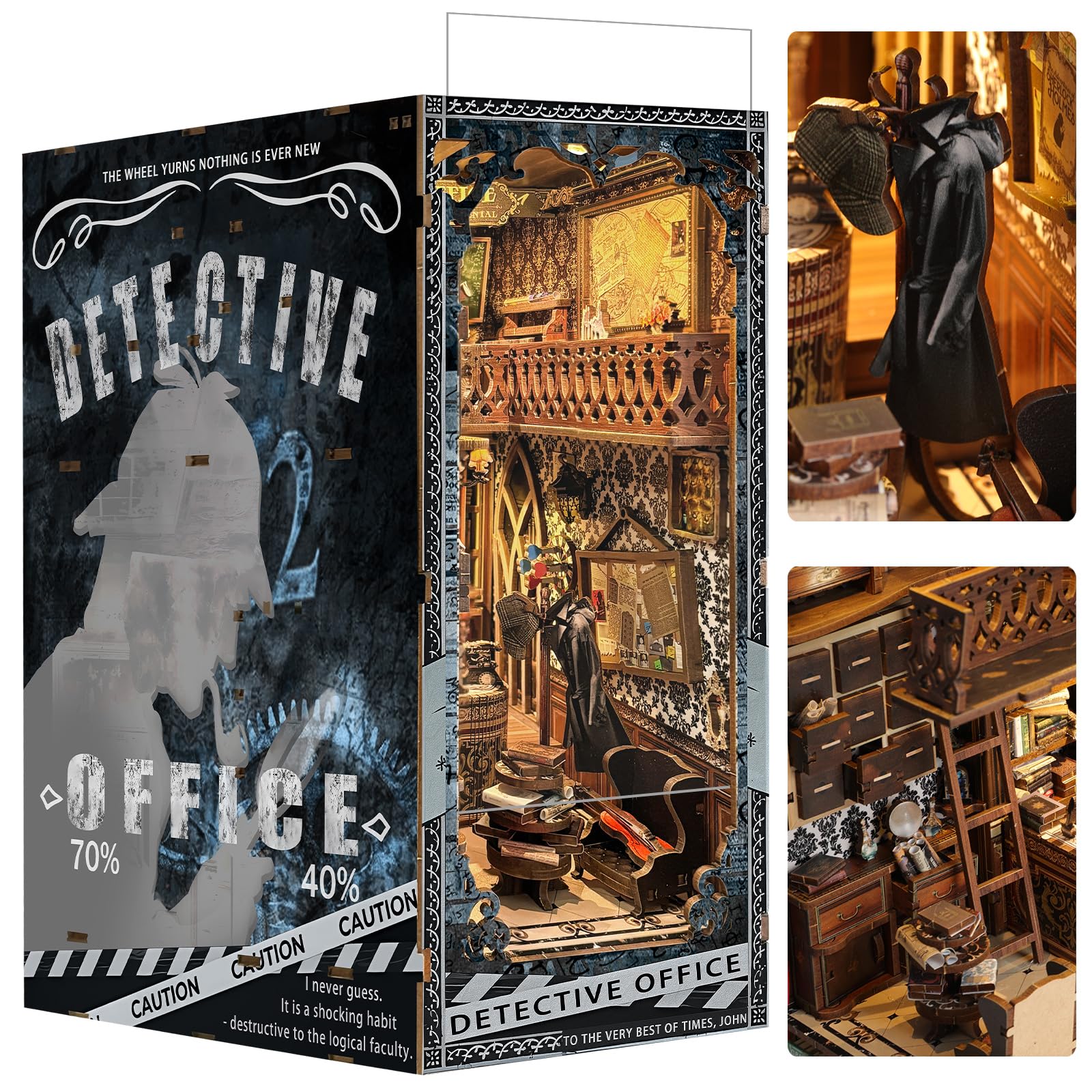 Quanquer Nook - Libro per detective con copertura antipolvere, con luce a LED, stampa 3D in legno, repliche in miniatura per uffici, librerie e mobili, regalo creativo per