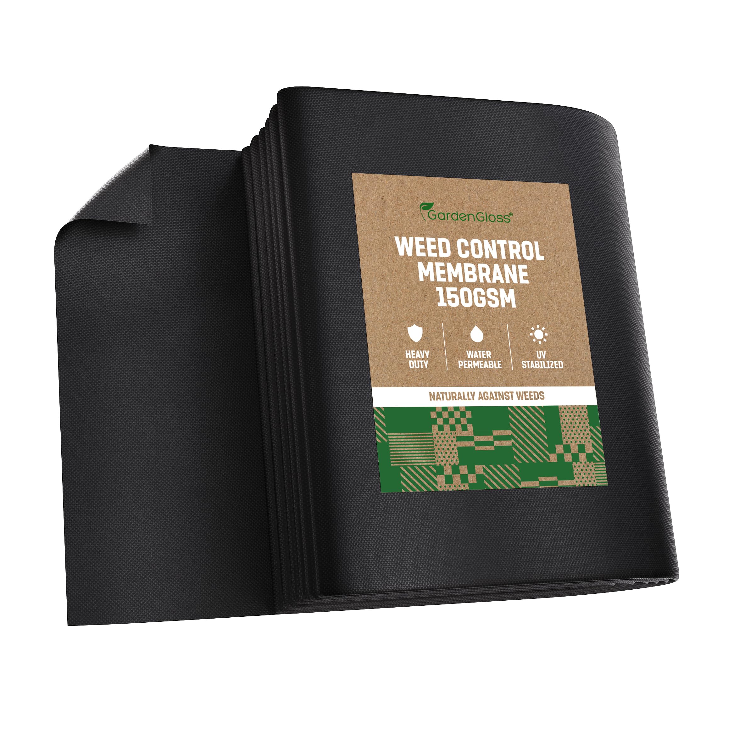 GardenGloss 30m2 Weed Control Membrane Heavy Duty (150gsm) - Water Permeable and Tearproof Weed Barrier Fabric - Weed Control Fabric with High UV-Stabilisation (15m x 2m, Folded)