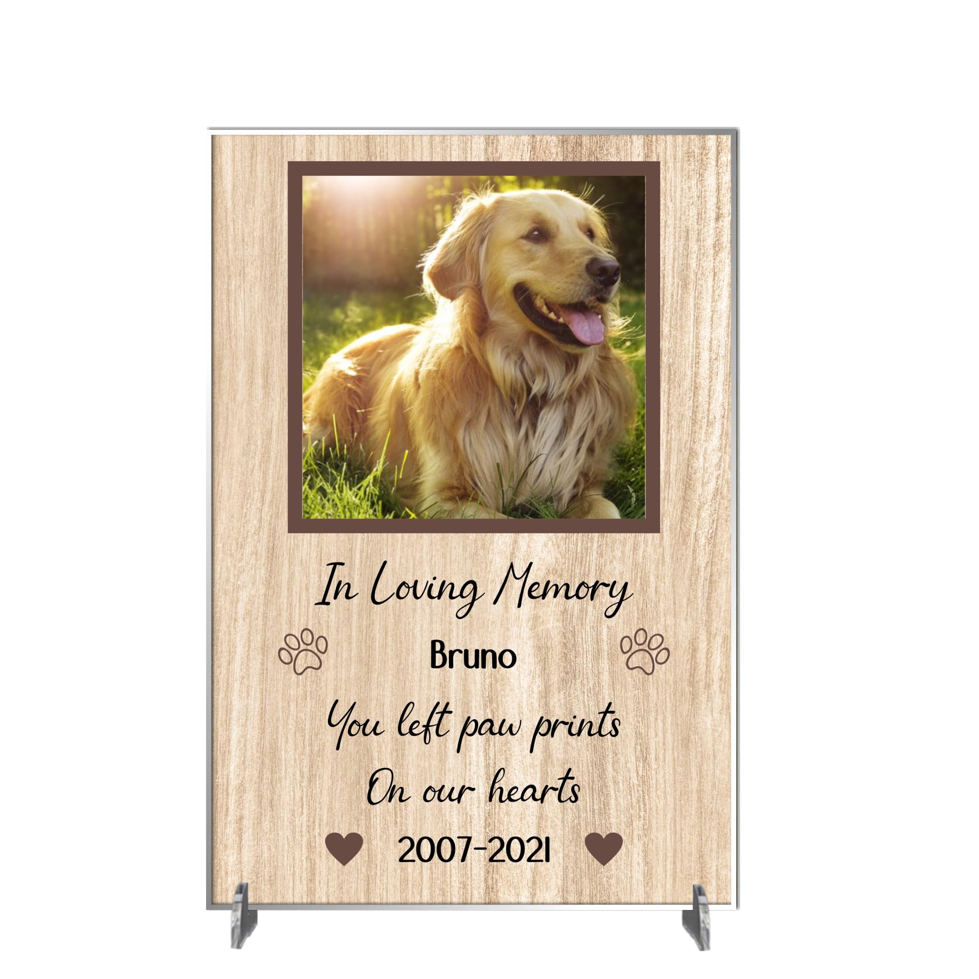 Personalised Pet Bereavement Photo Plaque - "Paw Prints on Our Hearts" Custom Memorial, Available in MDF or Acrylic, Size 148mm x 210mm (Acrylic 21cm x 15cm, Brown Wood)