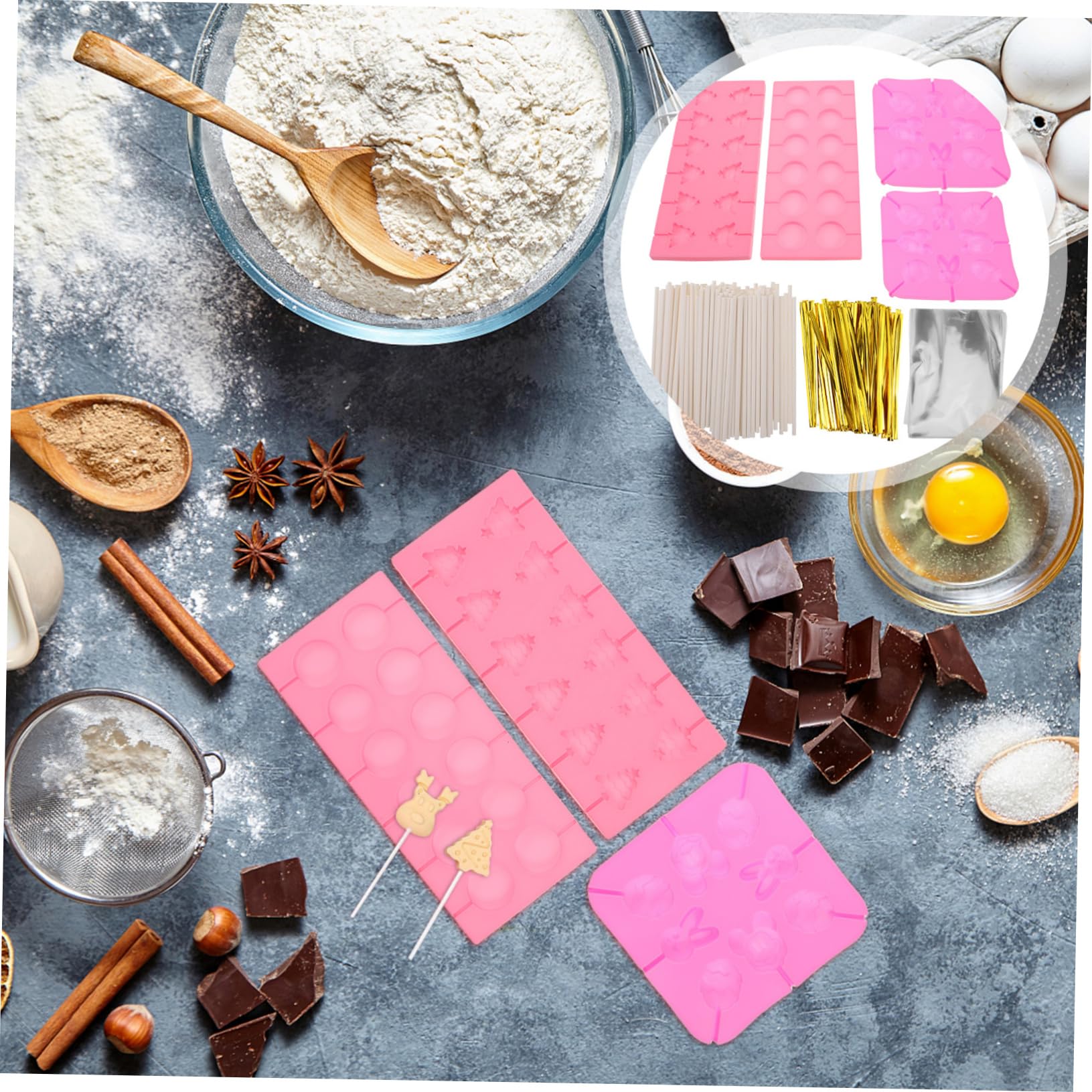 Molde de Chocolate Navideño de Silicona, 1 Juego, 7 Piezas | Formas Variadas, Resistente al Calor y Fácil de Usar, Incluye Palitos, Bolsas para Golosinas y Bridas