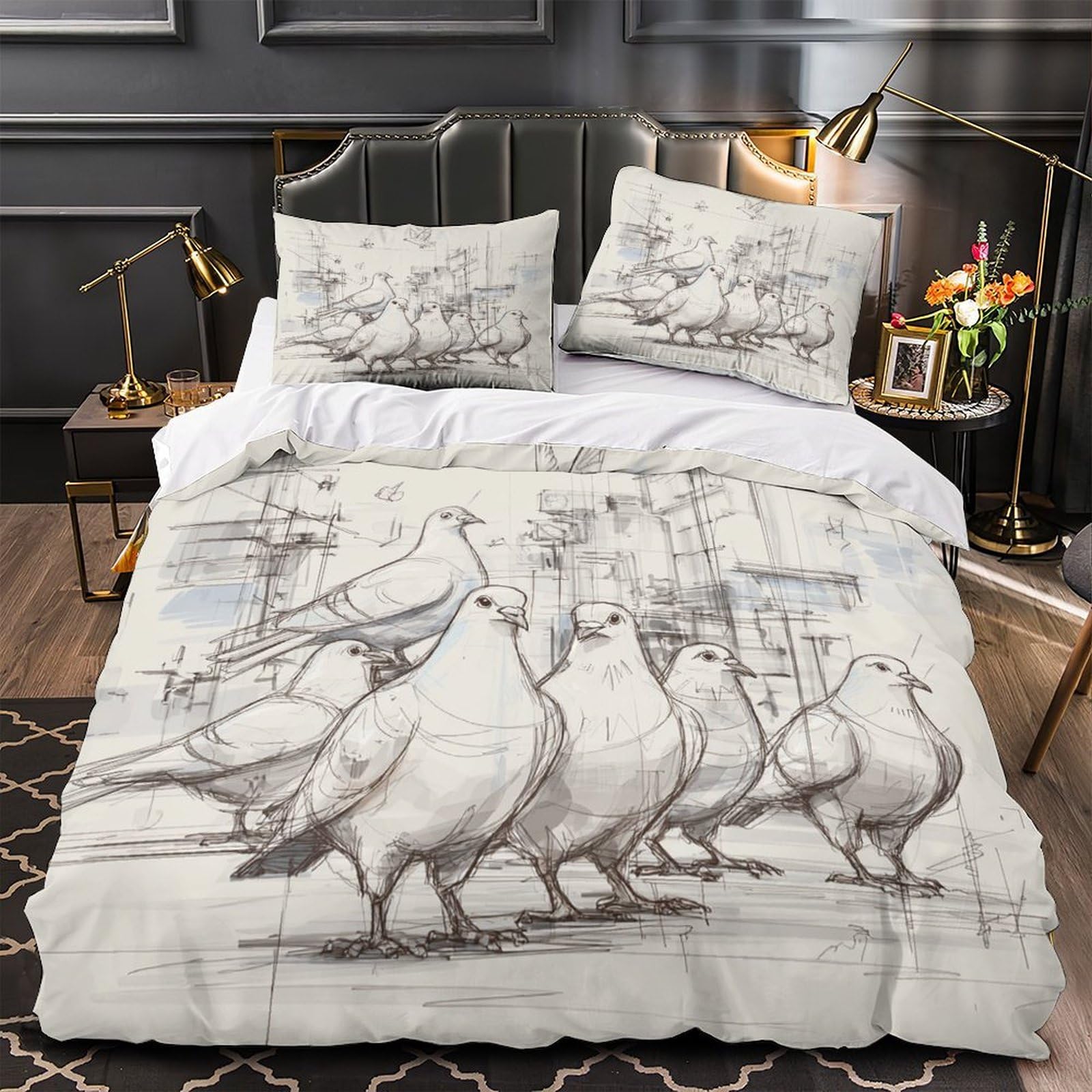 Parure de Lit Croquis Urbain de Pigeons Housse Couette Premium 3D