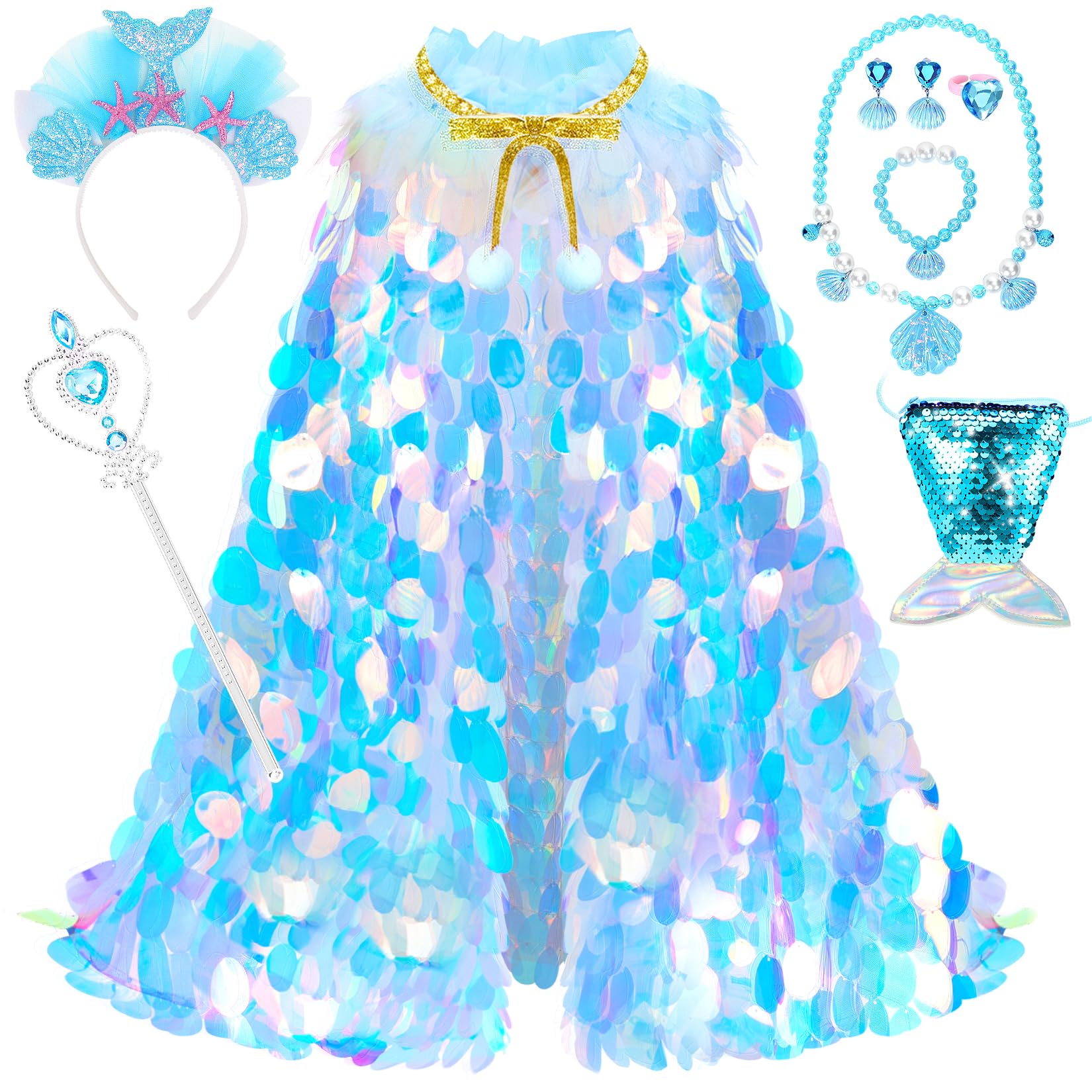 Princess Dress Up Toys Princess Dress Up Clothes Rainbow Mermaid Cape Kit 9 Pcs Gift Set for Little Girls 3-8 Years