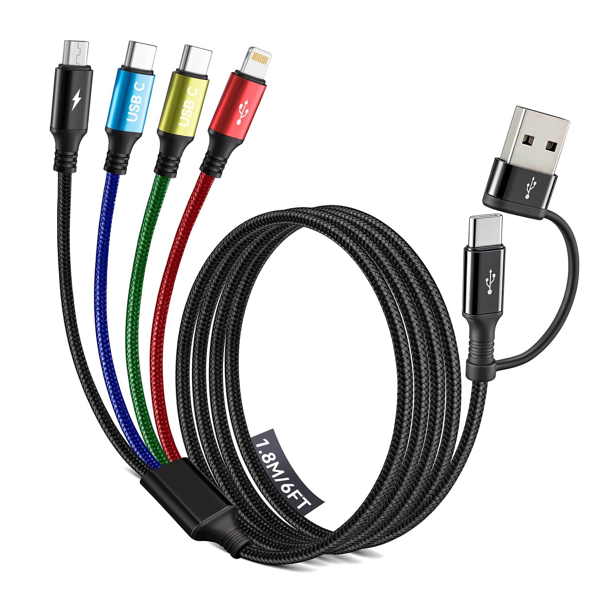 Minlu Dual Typ-C Multi Ladekabel, 4 in 2 Multi USB Kabel, USB-A/C zu Dual USB-C+Lightning+Micro USB-Ladekabel, Geflochtenes Universal-Ladekabel für iPhone 17 16 15 14 13/Galaxy/Laptop/Android/Tablet