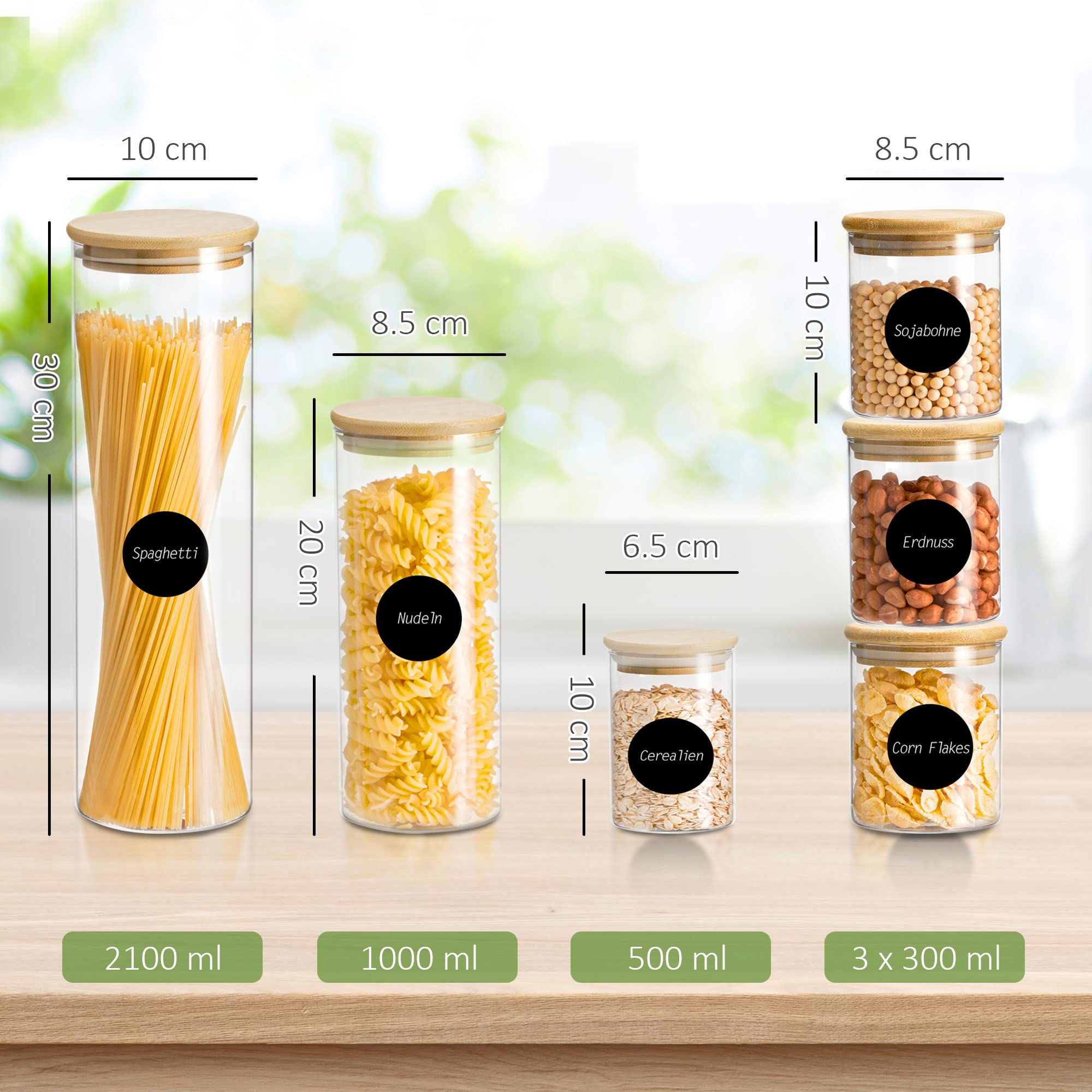 Ribelli Juego de 6 tarros de cristal con tapa, 300 ml (3 unidades), 500 ml, 1000 ml, 2100 ml, herméticos para pasta, espaguetis, cereales, granola, frijoles, aptos para lavavajillas
