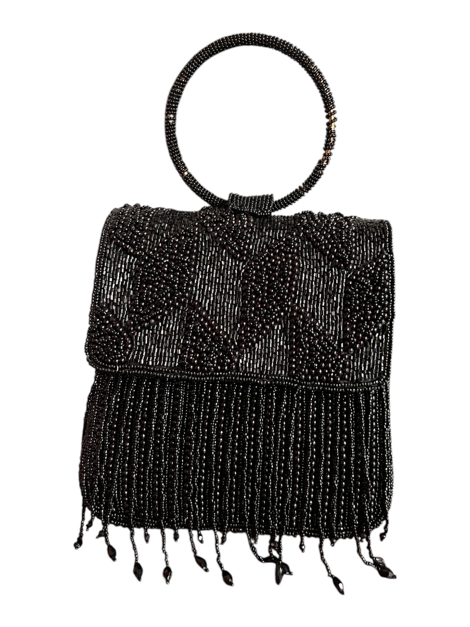Fashion Waves Designer Studio Women Black Stone Embroidered Satchel Potli Handbag Metal Shoulder Strap Ring Top Handle Party Wedding Clutch India-image-31