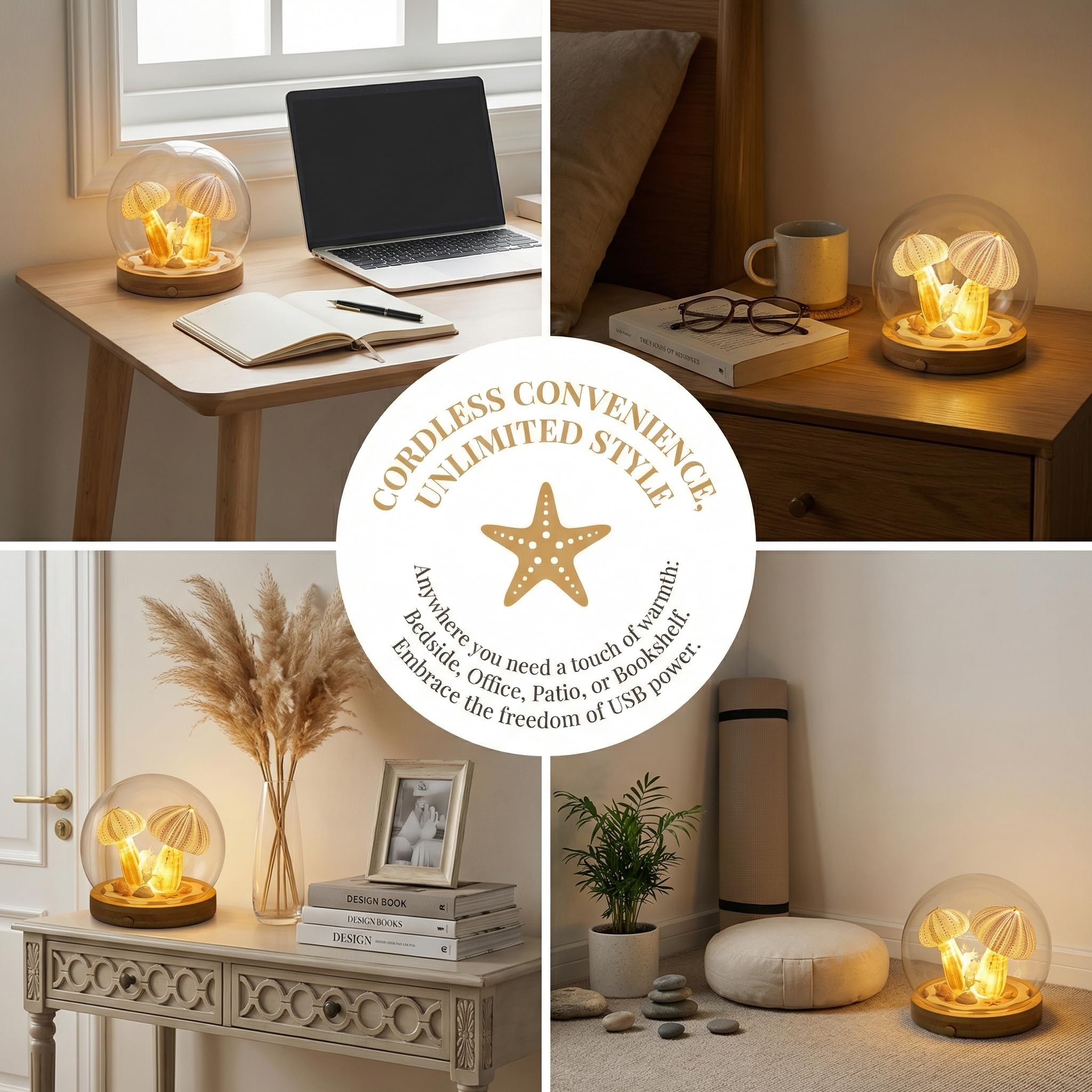 Seeigel Nachtlicht aus echtem Naturschale, Dimmbare kabellose Tischlampe mit Echtholzsockel, Touch-Steuerung & USB Aufladbar, Unikates Maritimes Deko-Geschenk für Schlafzimmer, Wohnzimmer