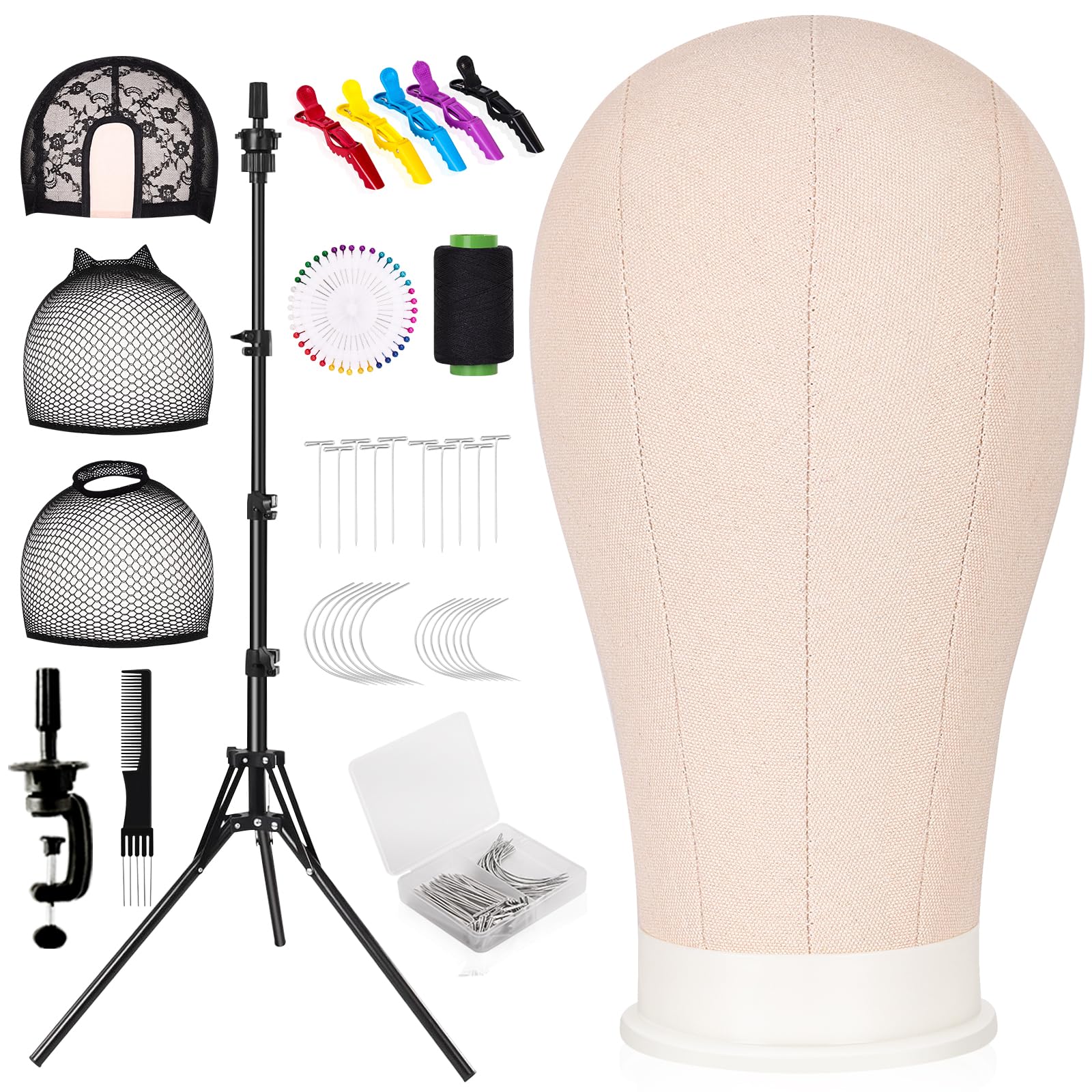 Support à Perruque 63" Réglable avec Tête de Mannequin 22" - Support en Toile pour Perruques - Ensemble pour Cosmétologie