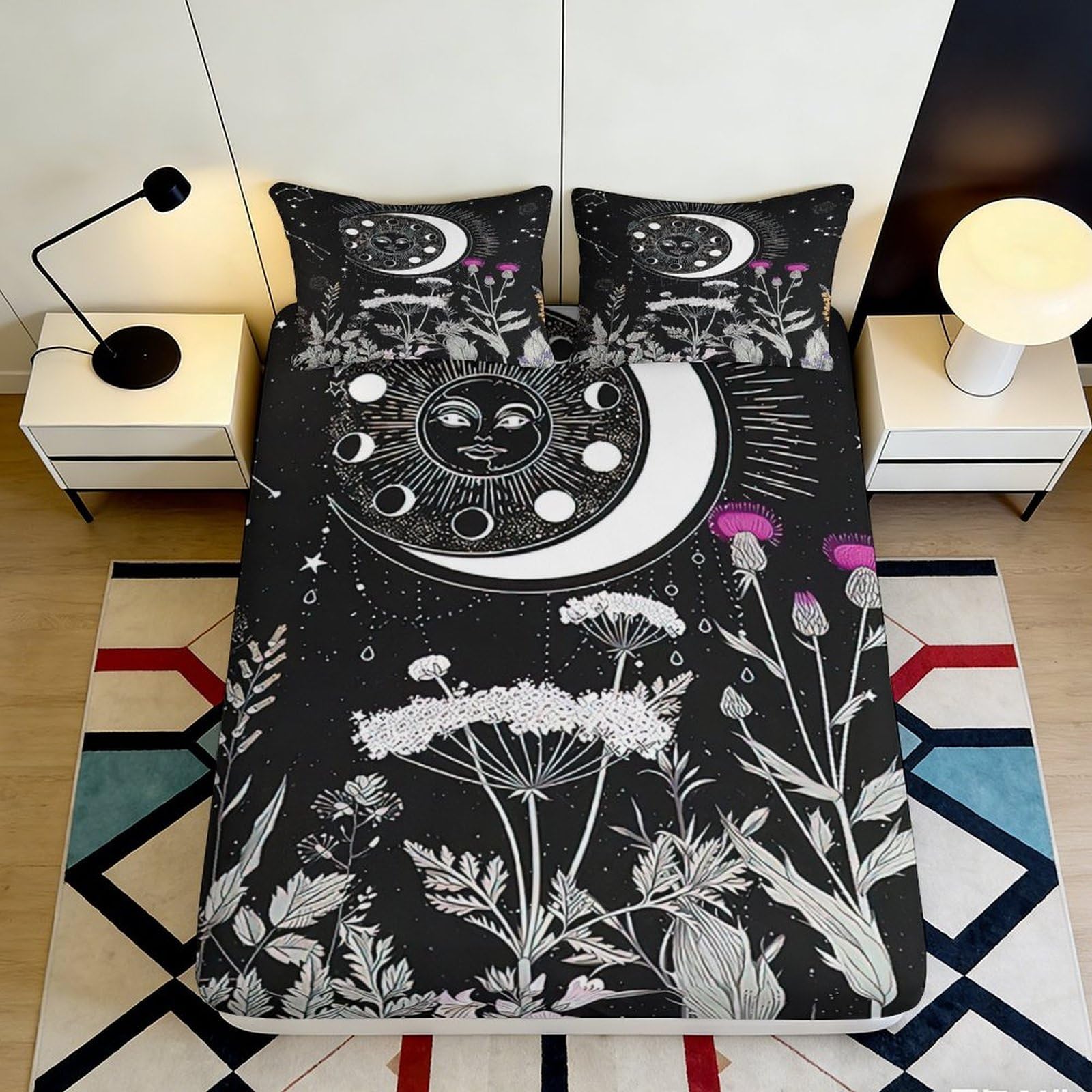 3D Printed Moon Phases Fitted Sheet Microfiber Black Botanical Sun Mattress Cover for Bedroom Dorm Easy Care Decor 160x200x25cm