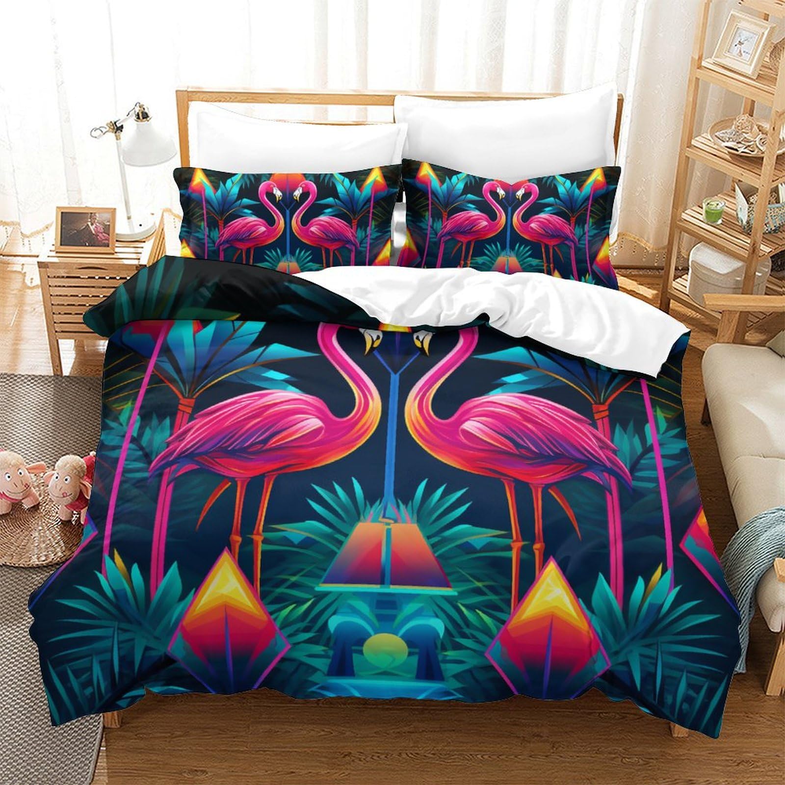 VUDBELAFC Flamingo 3D Printed Duvet Cover Set 3 Pieces Bed Duvet Set Soft Microfiber with Zipper Closure，Pillowcases for Kids Girls Boys Adults Bedroom King（220x240cm）