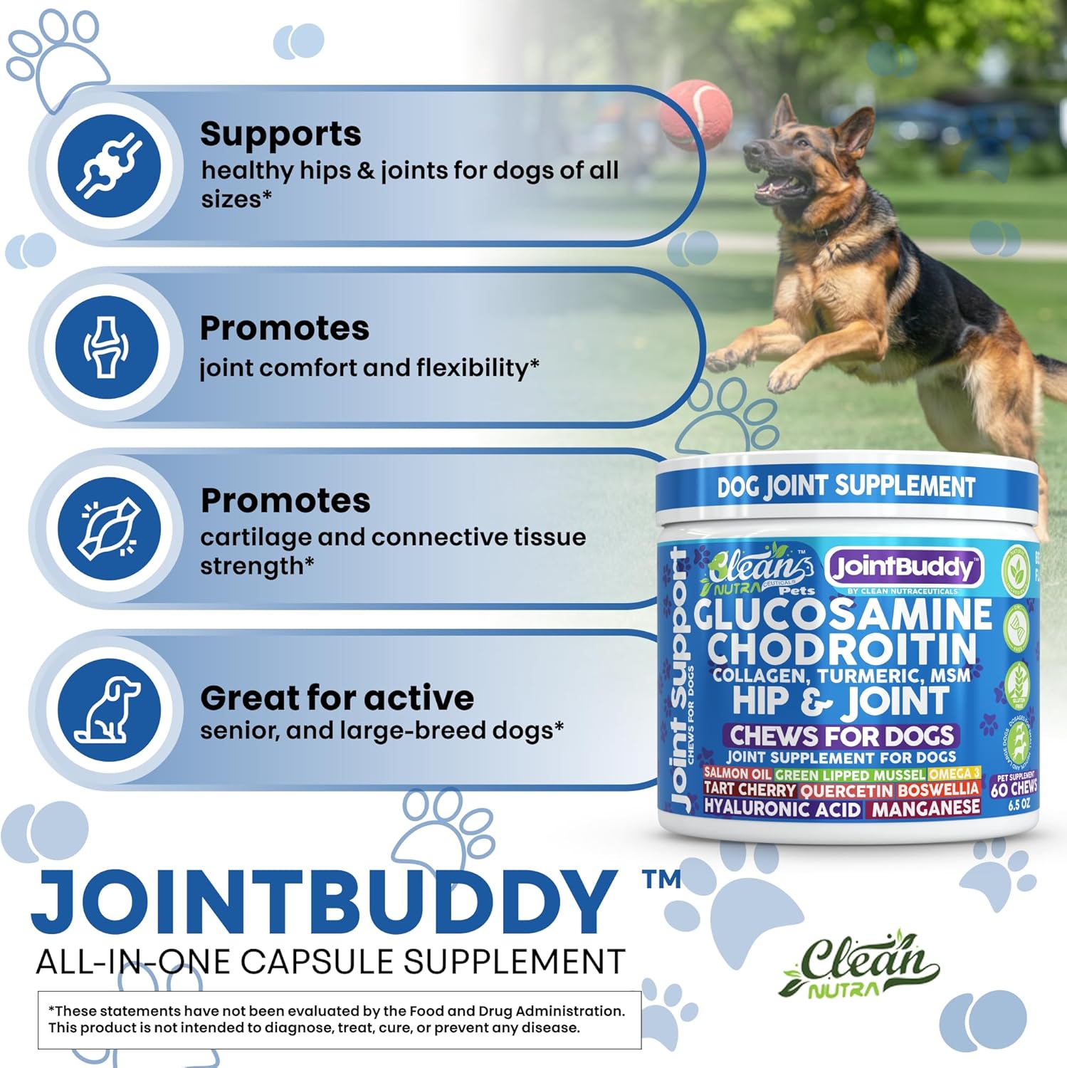 JointBuddy Glucosamine Chondroitin Joint Supplement for Dogs Salmon Oil MSM Tart Cherry Omega 3 6 9 Fish Oil Hyaluronic Acid Supplements & Collagen for Dogs 60 Chews Beef Flavor by Clean Nutra Pets