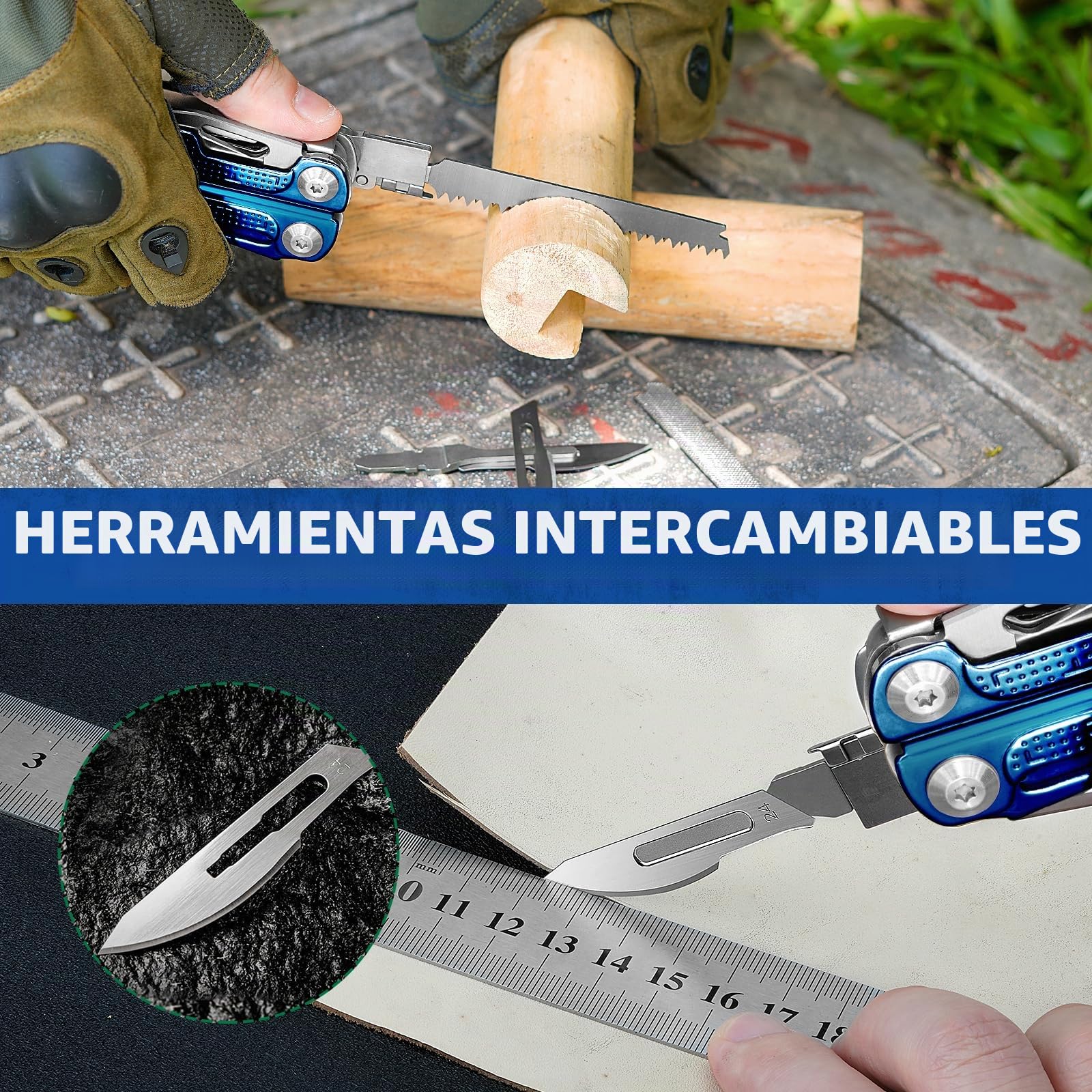 BIBURY Multiherramientas, alicates plegables con mango de titanio azul,regalo para hombres, navaja multiusos de acero inoxidable para el trabajo exterior, camping, reparación - Pro BI2049BL