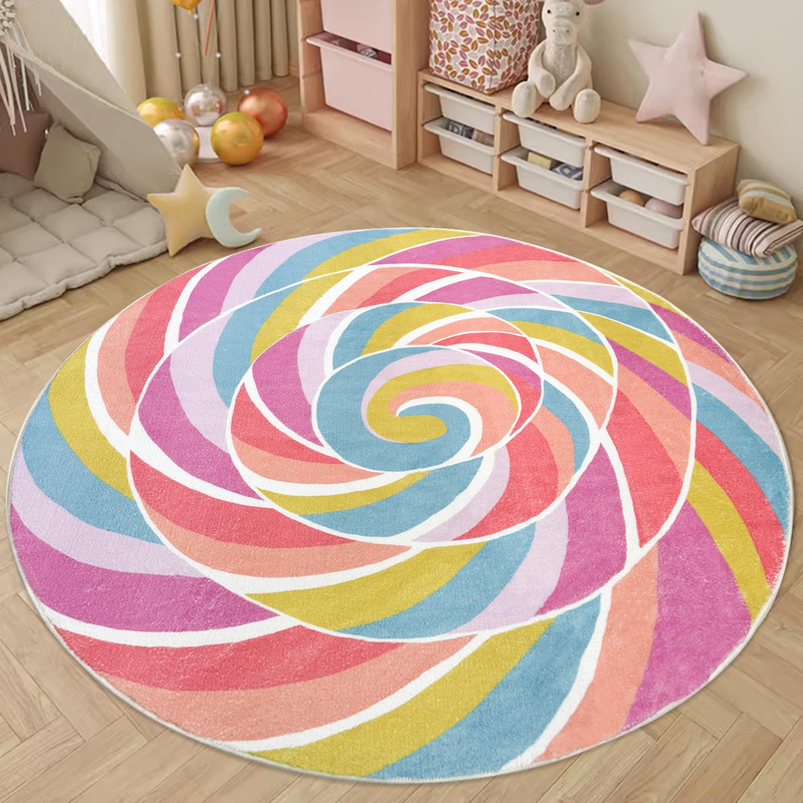 Lacomfy Kids Rug Play Mat 6Ft Round Rainbow Lollipop Girls Bedroom Carpet, Large Circle Candy Classroom Playroom Area Rug for Children, Cute Nursery